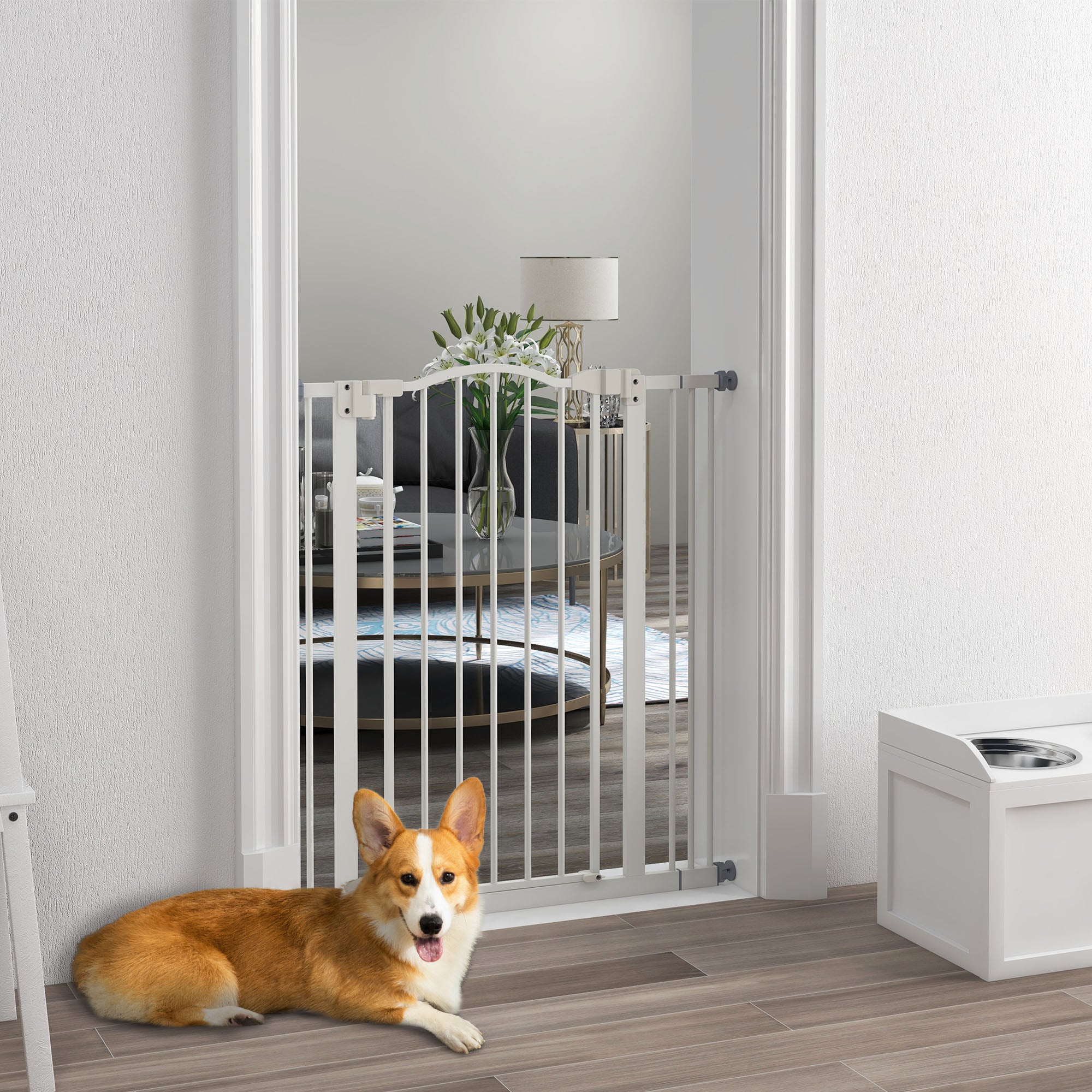 Metal Pet Safety Gate Folding Dog Fence Adjustable Width - White
