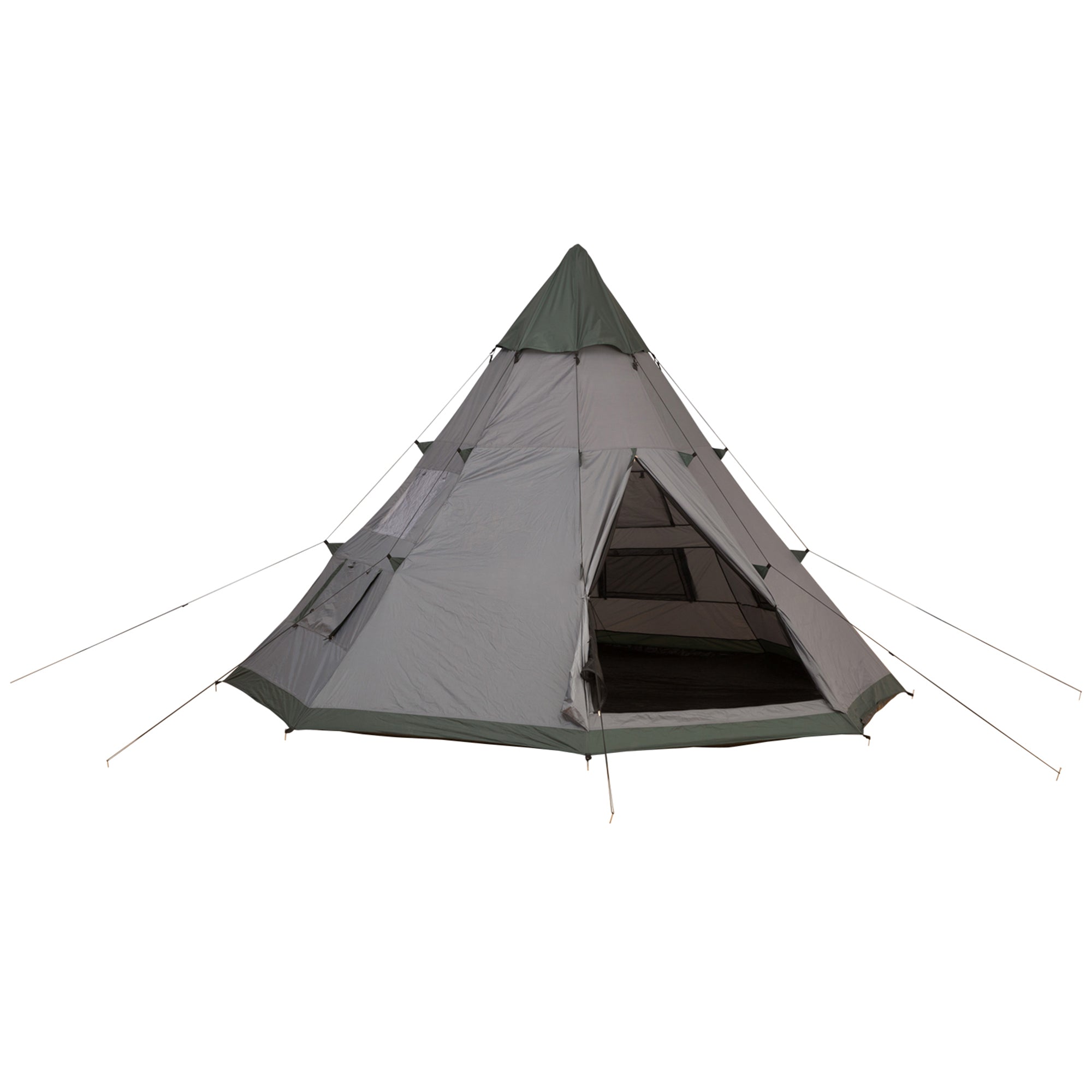 6 Men Camping Tipi Tent with Mesh Windows and Zipped Door - Green Grey