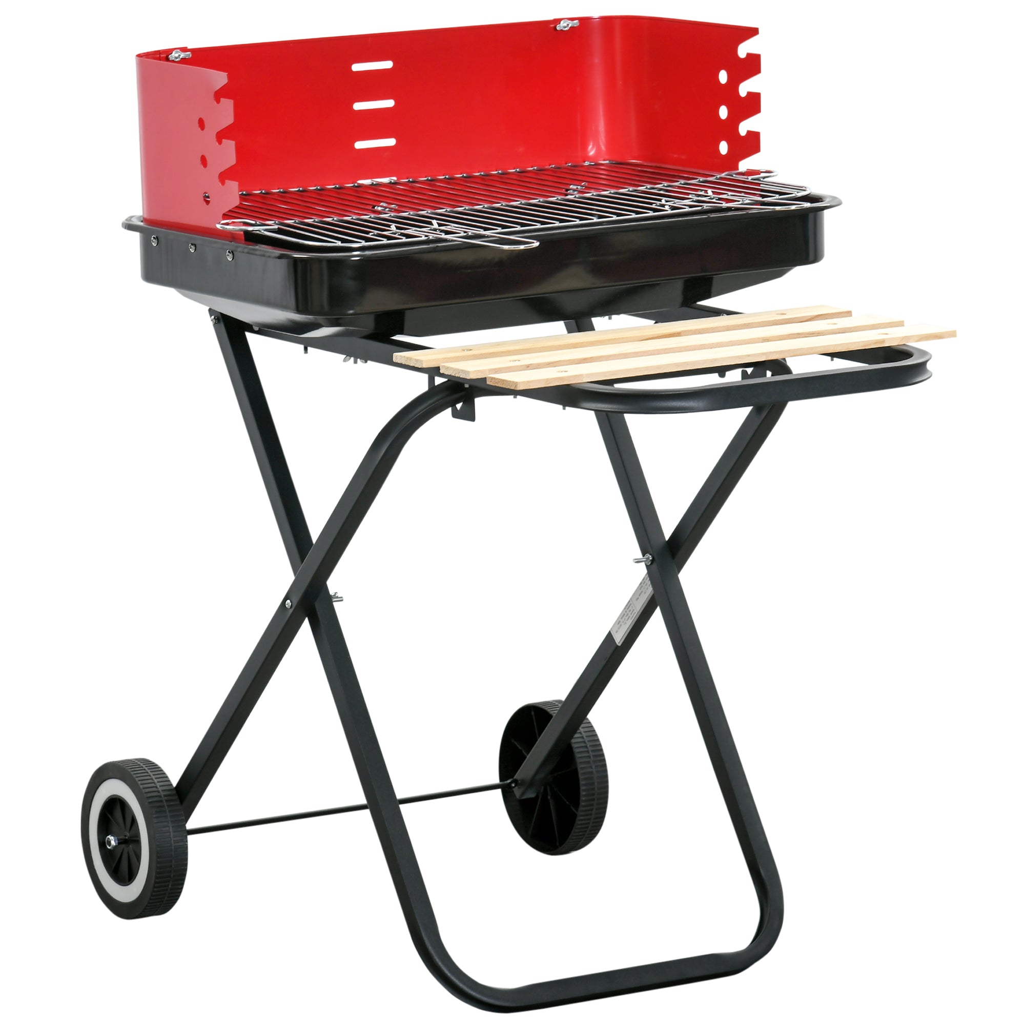 Foldable Durable Charcoal BBQ Grill with Wheels and Side Trays - Red/Black