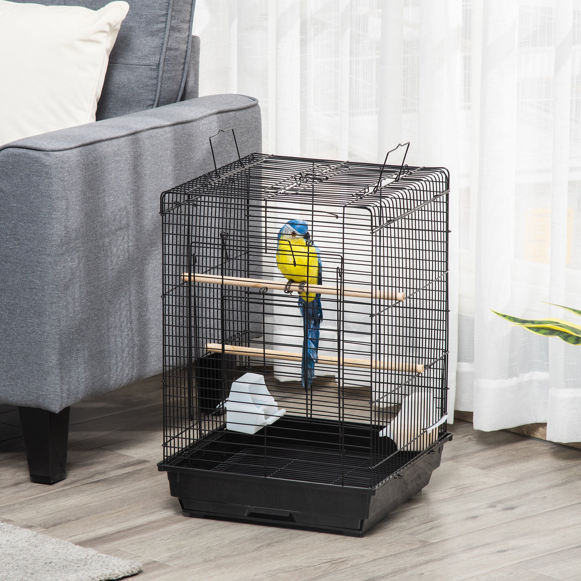Steel Bird Cage with Stand, Openable Top, Tray, Handles & Feeding Bowls for Parakeet Finch - Black