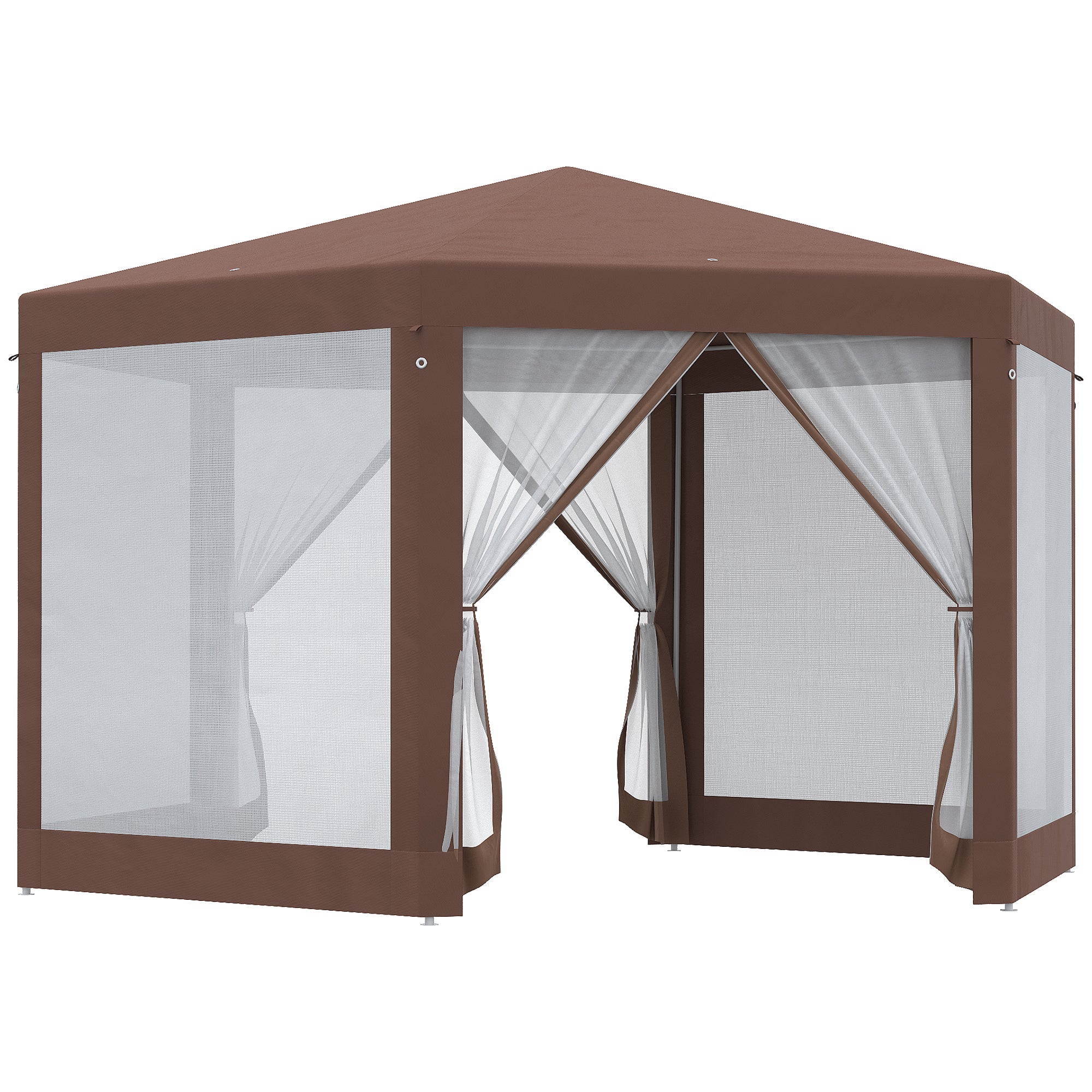 Hexagonal Garden Gazebo with Mosquito Netting and Zipped Door - Brown