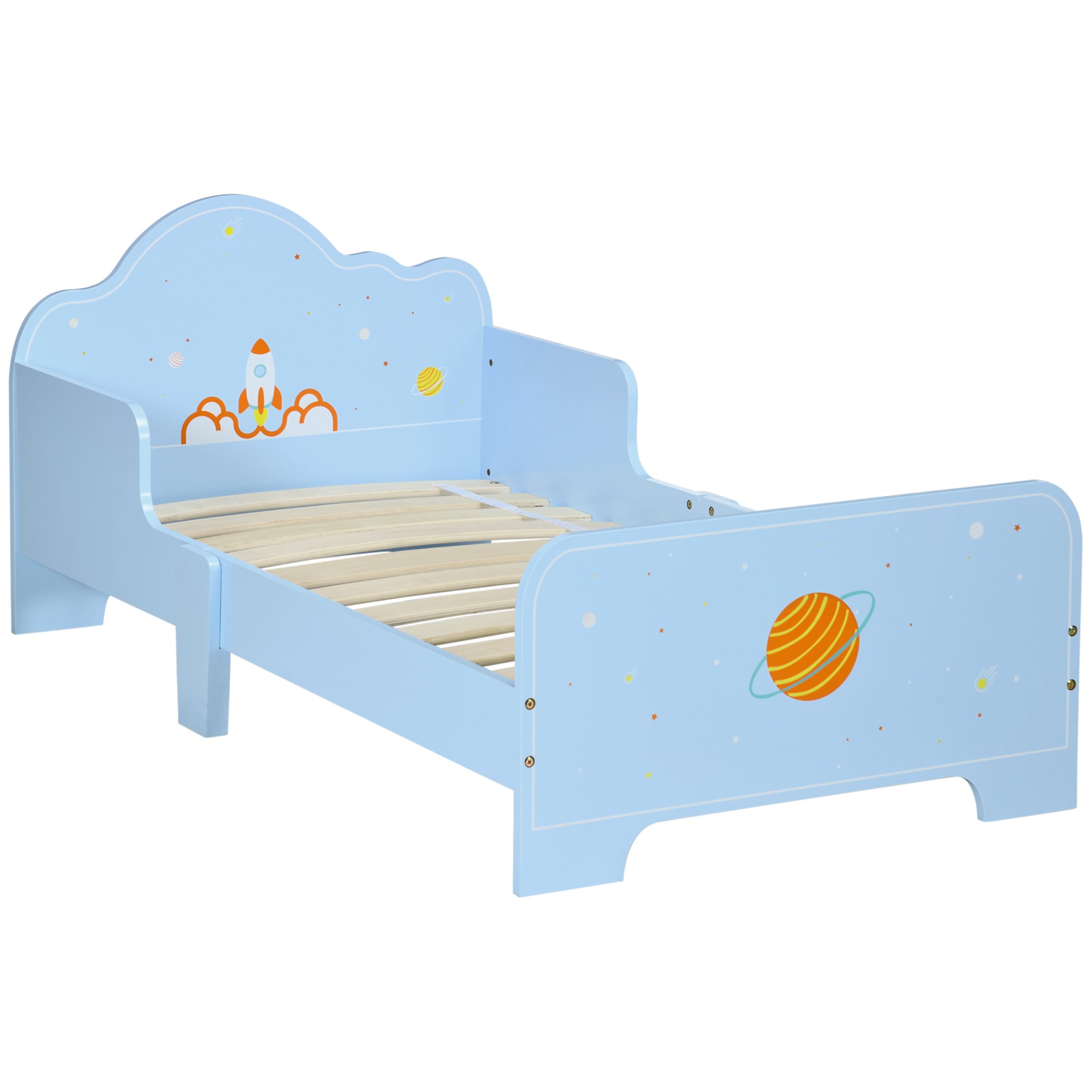 Toddler Bed with Safety Side Rails and Rocket Patterns - Blue
