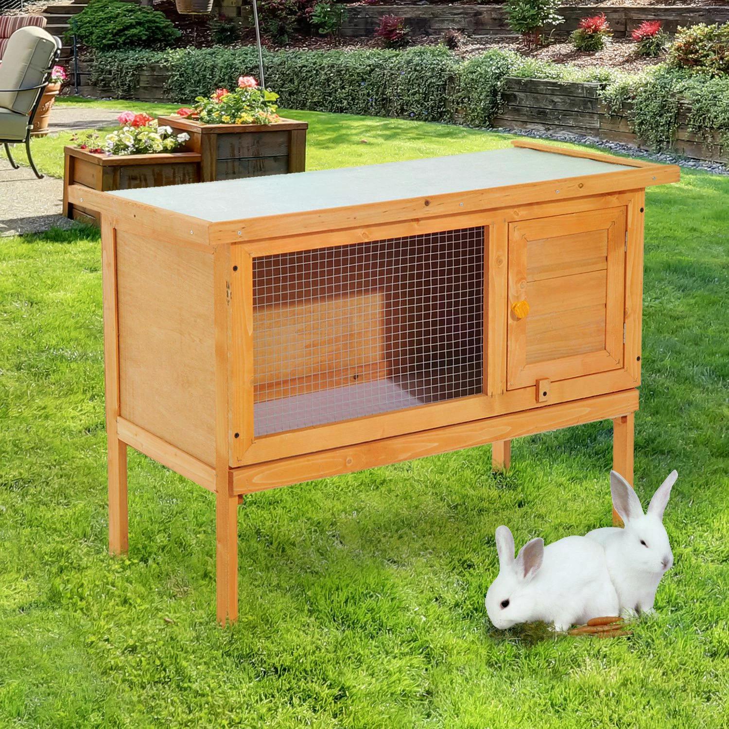 Elevated Fir Wood Rabbit Hutch 90L x 45W x 65H cm - Natural Wood Color