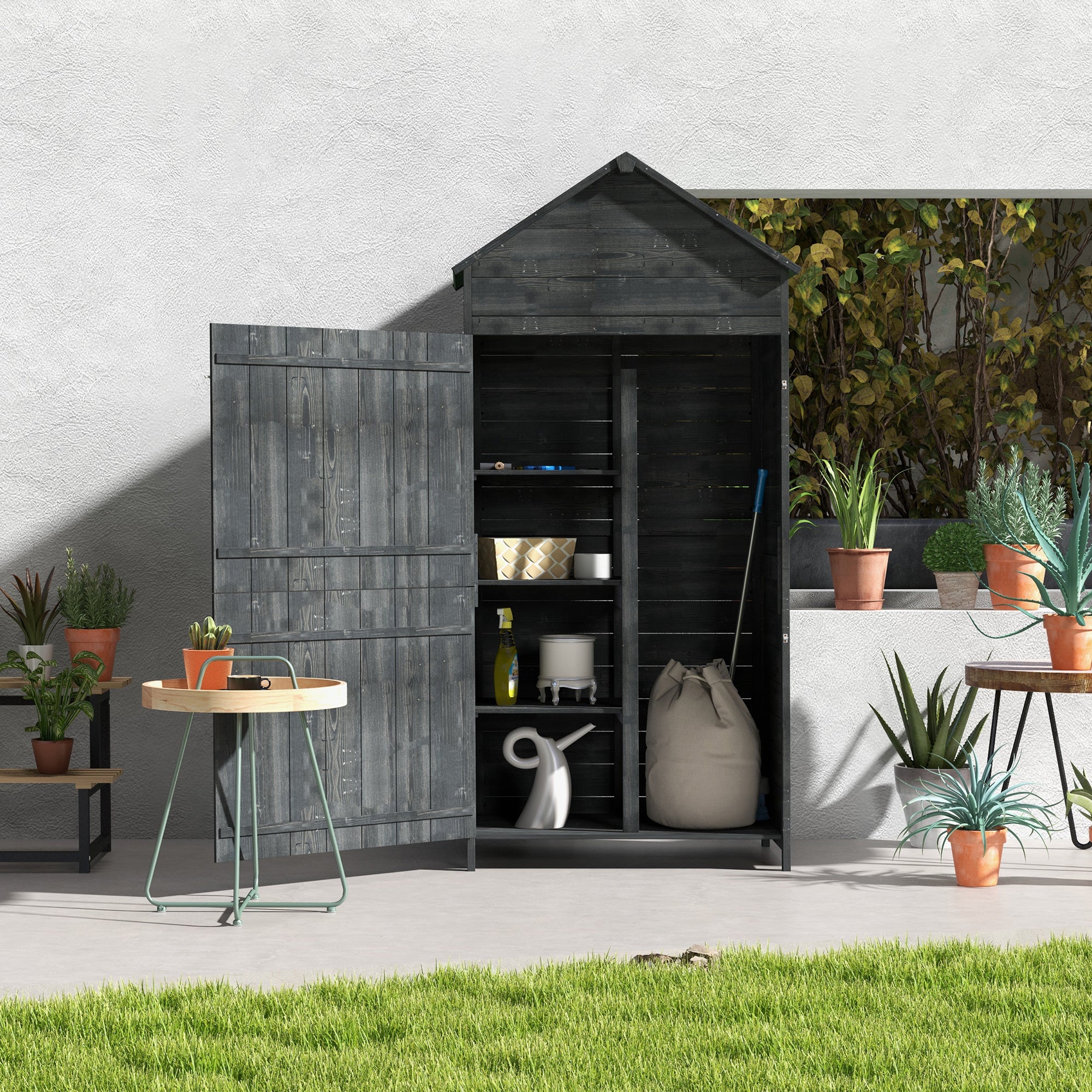 4 Tier Wooden Garden Storage Shed with Lockable Doors - Grey