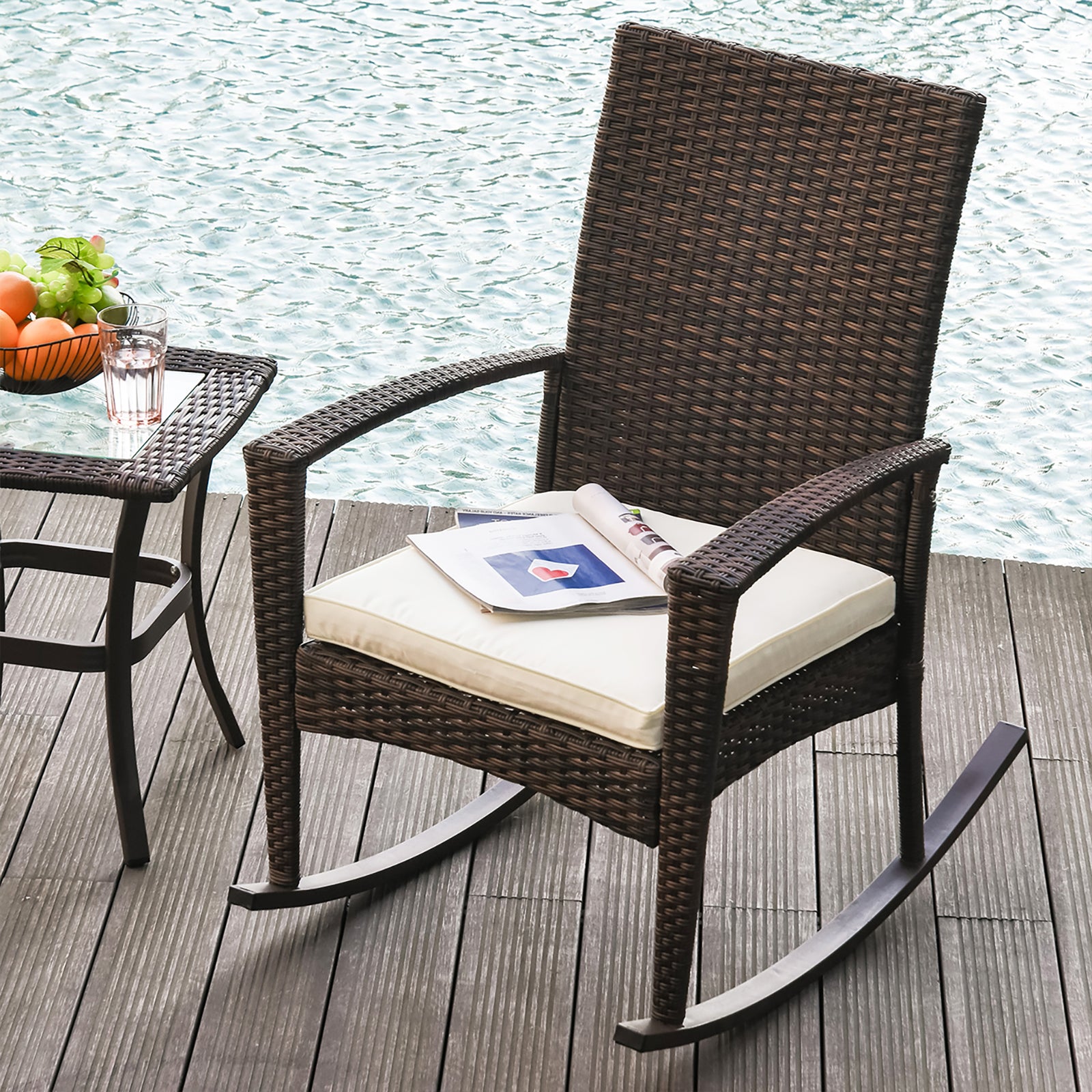 Rattan Outdoor Rocking Chair with Cushion Garden Patio Wicker Seater - Brown