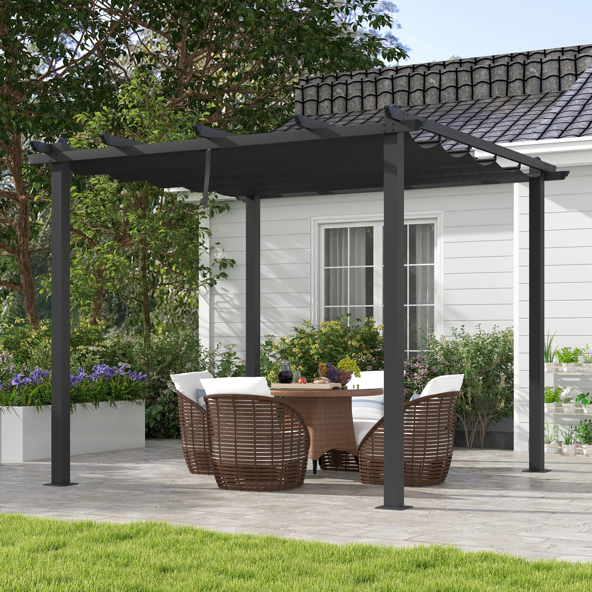 3 x 3 Metre Aluminium Pergola Set with Retractable PU Roof - Grey