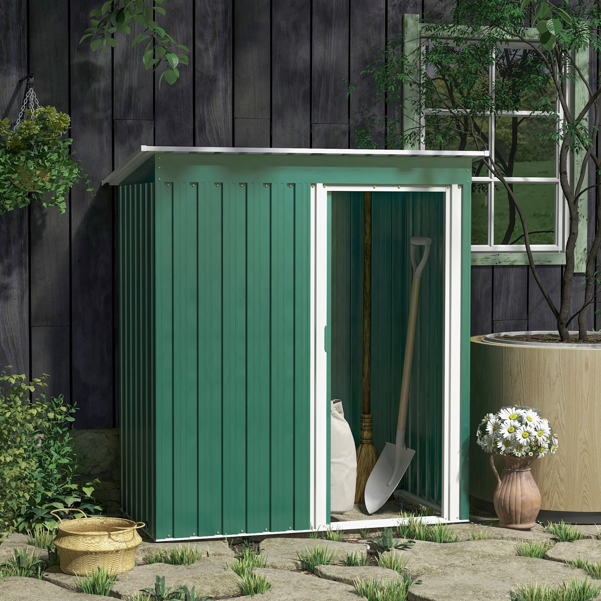 5 x 3ft Galvanised Steel Garden Storage Shed with Sliding Door Green