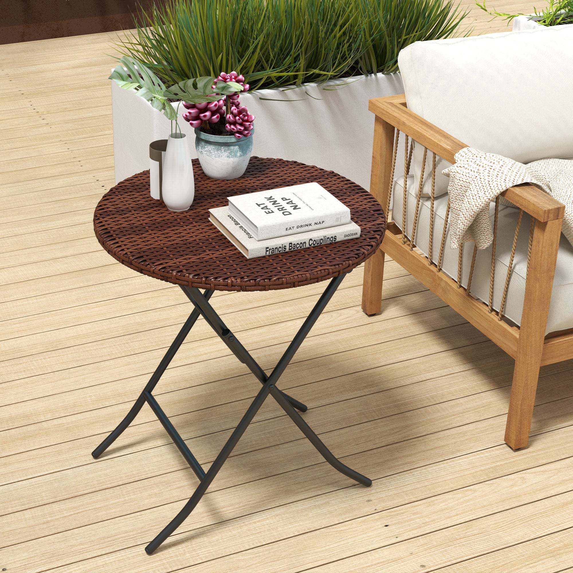 Foldable Outdoor Coffee Table Set of 1 - PE Rattan Mixed Brown