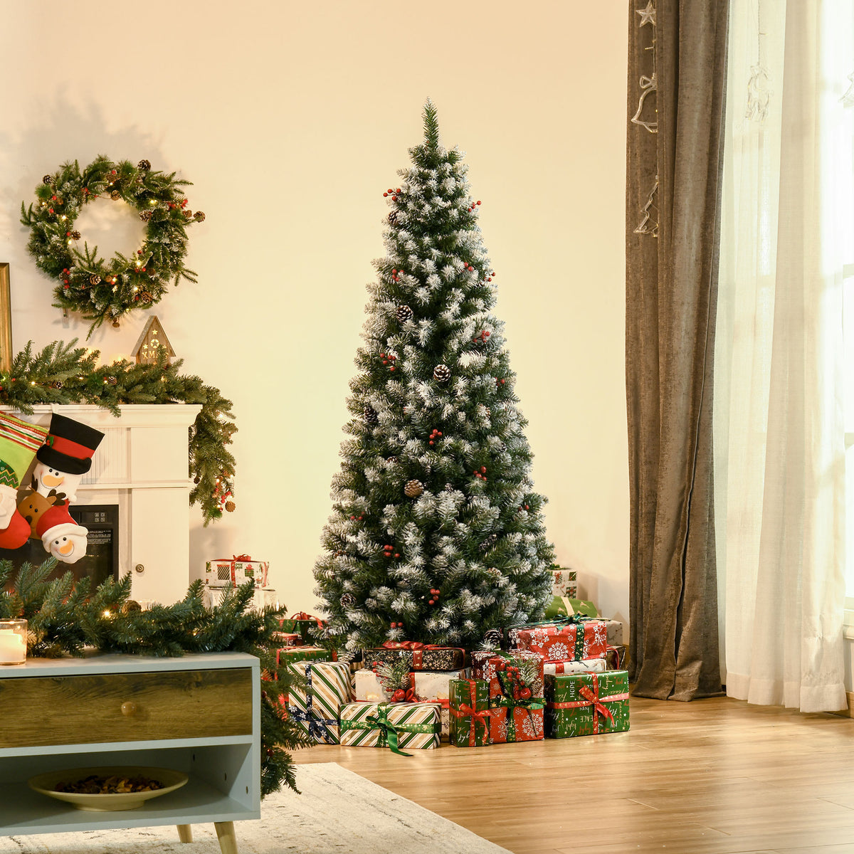 6FT Christmas Pencil Tree with Red Berries and Pinecones Foldable Feet - Green