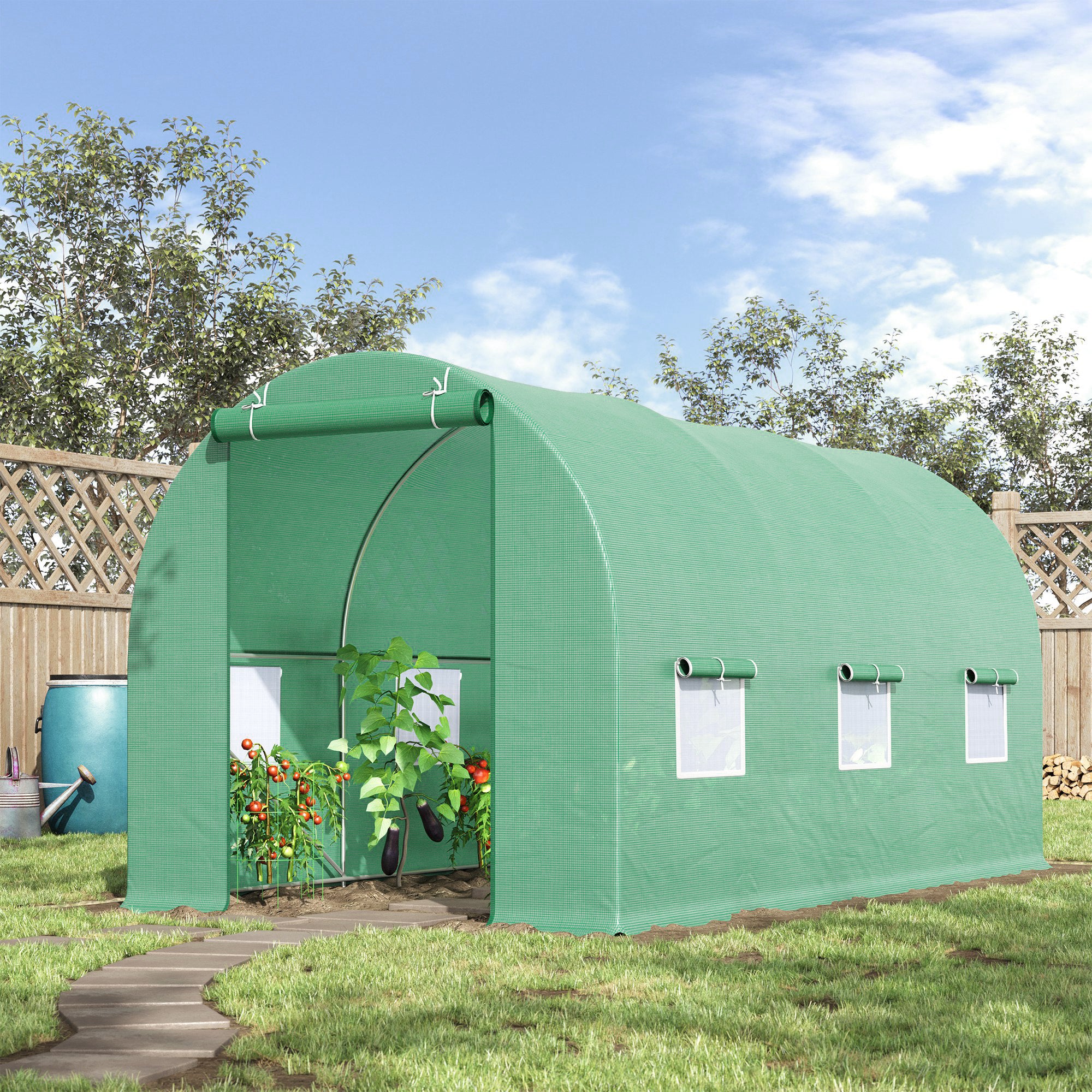 4.5m Walk-In Tunnel Greenhouse with Door and Ventilation Windows - Green