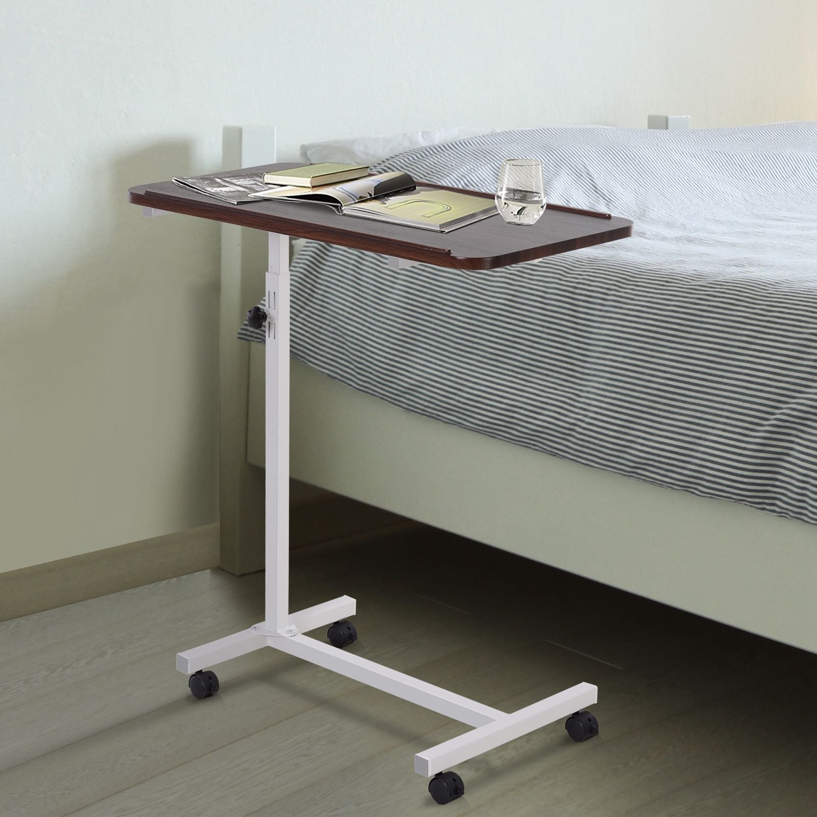 Adjustable Portable Overbed and Chair Laptop Table with Lockable Castors and Wooden Top - Brown