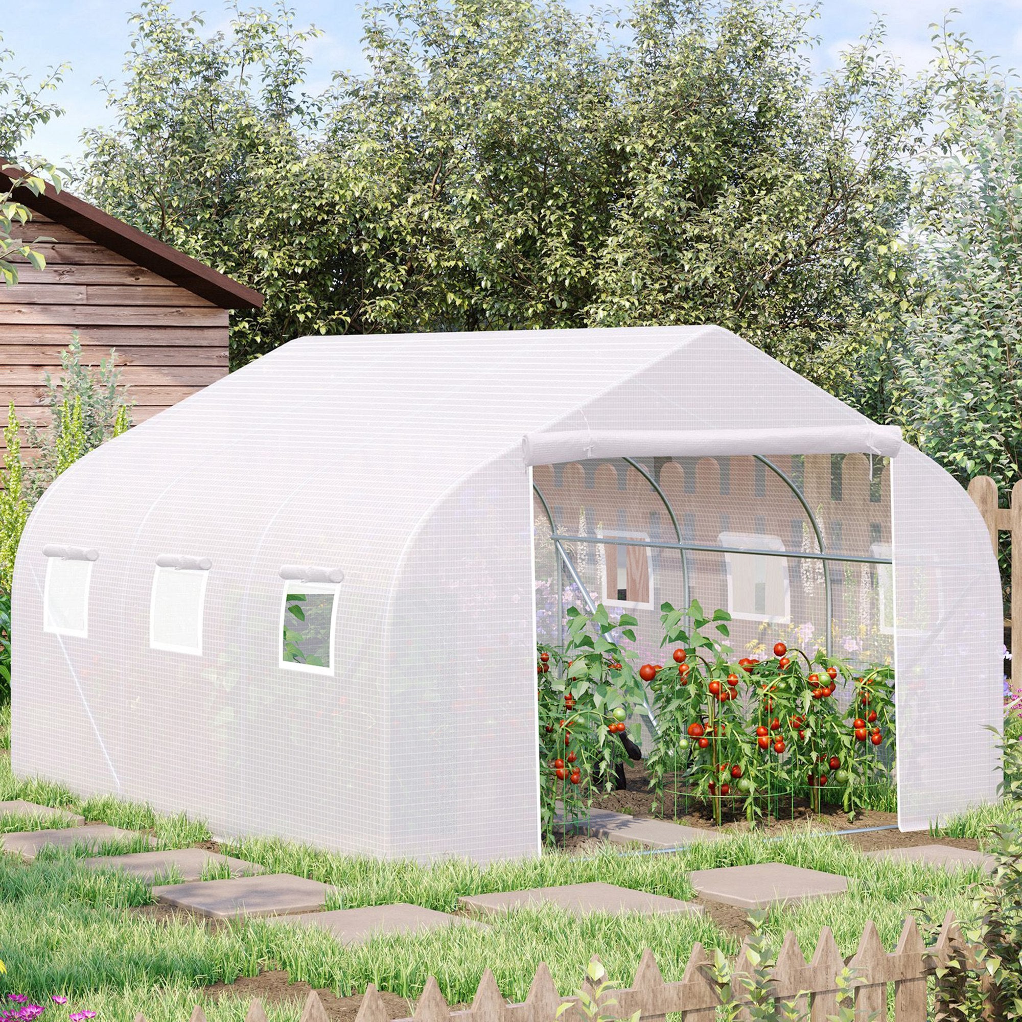 3.5m Walk-In Polytunnel Greenhouse with Steel Frame and Roll-Up Door White