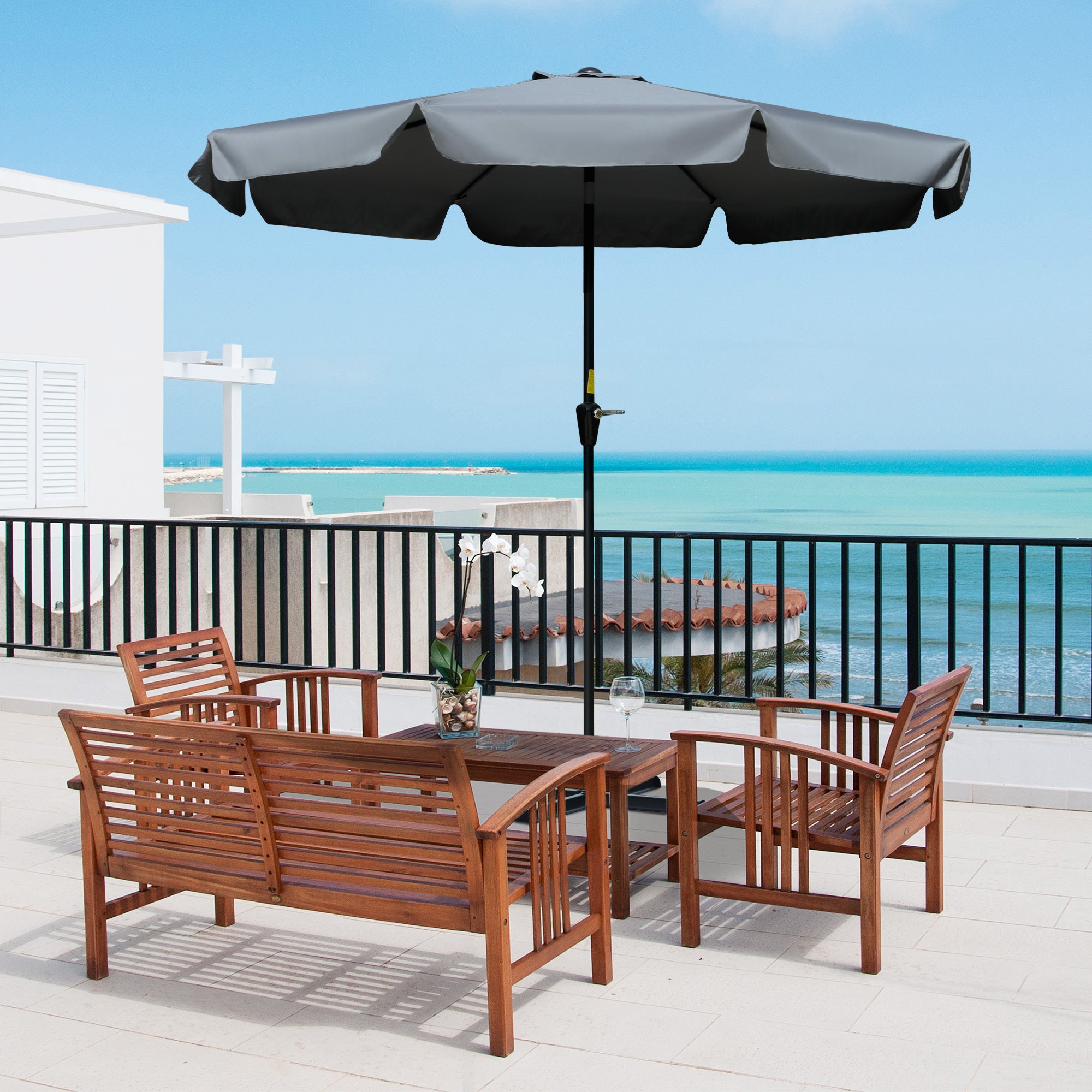 2.66m Patio Umbrella with Crank Handle and Ruffles - Charcoal Grey