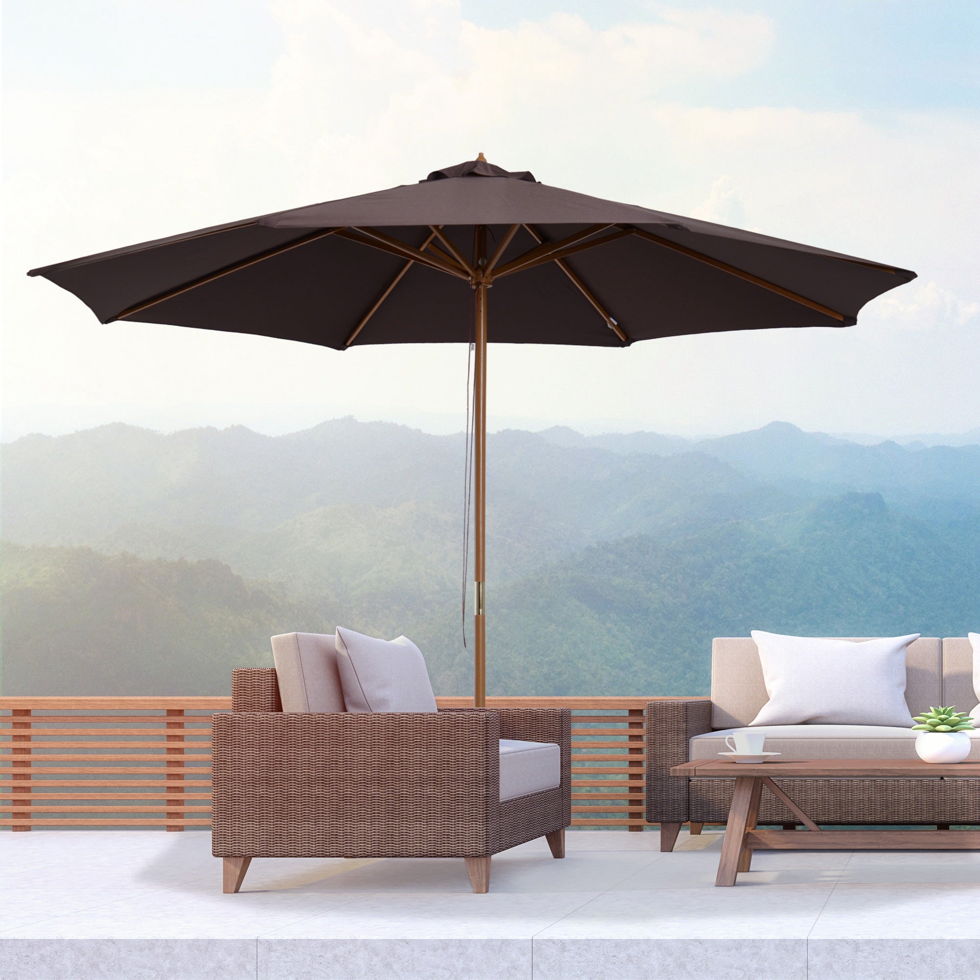 3 Metre Bamboo Wooden Patio Umbrella with Adjustable Angle - Coffee
