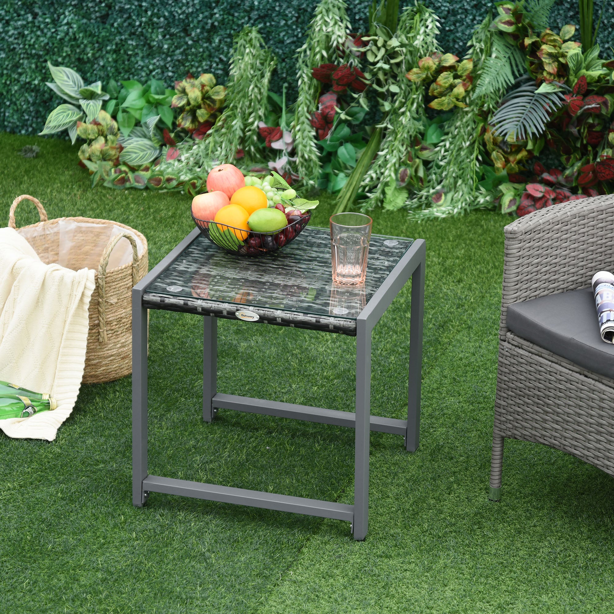 Rattan End Table Side Coffee Desk with Tempered Glass Top - Grey