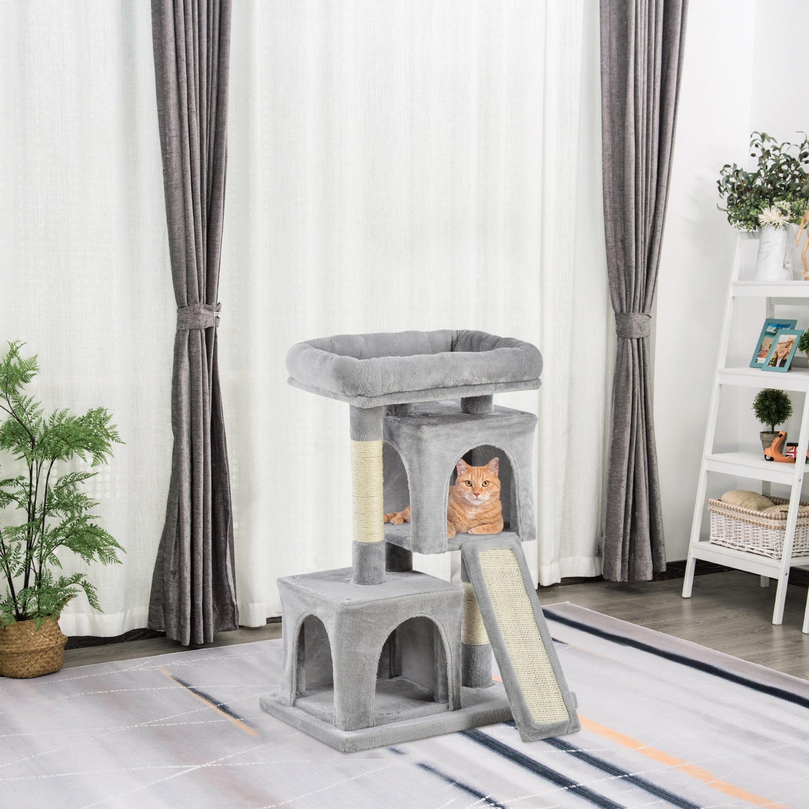 Cats 3-Tier Sisal Rope Leisure Tree with Houses and Perch - Light Grey
