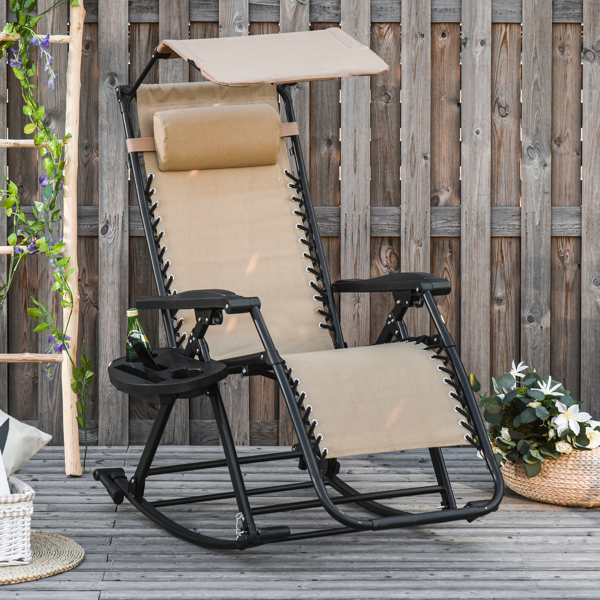 Garden Rocking Chair Folding Recliner Zero Gravity Sun Lounger Beige