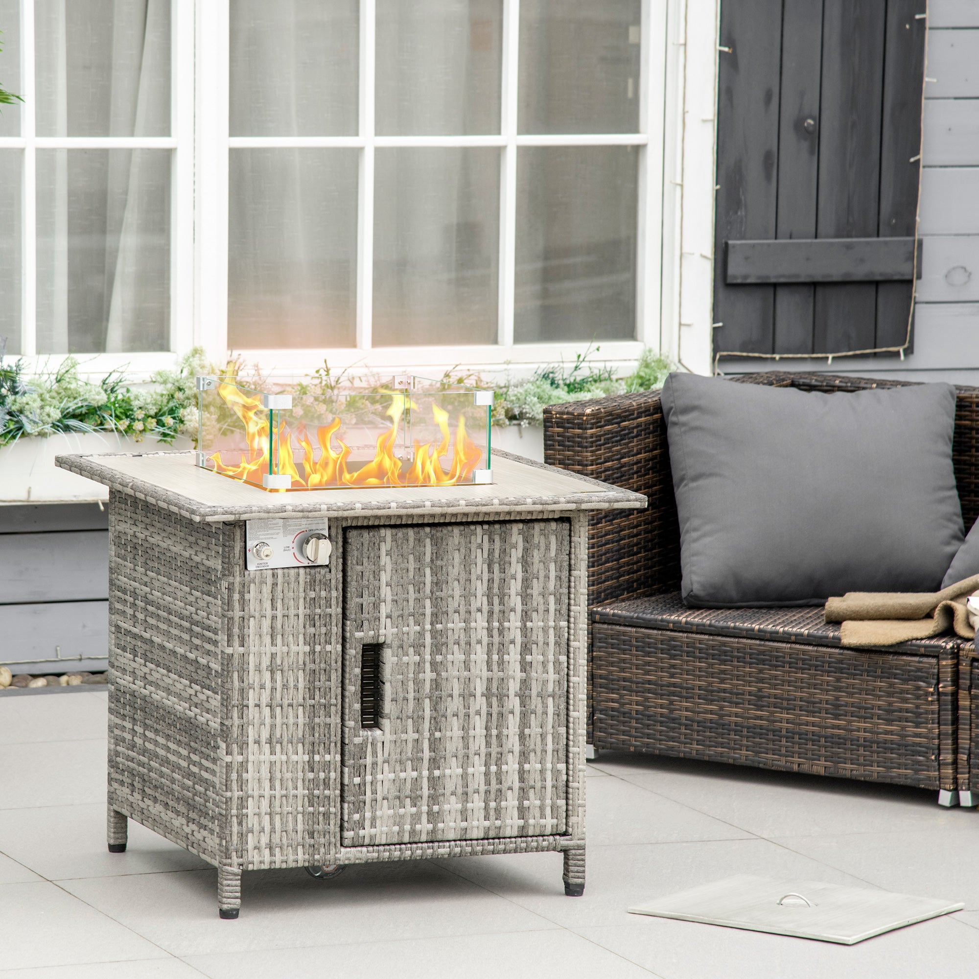 Outdoor PE Rattan Gas Fire Pit Table with Rain Cover Grey