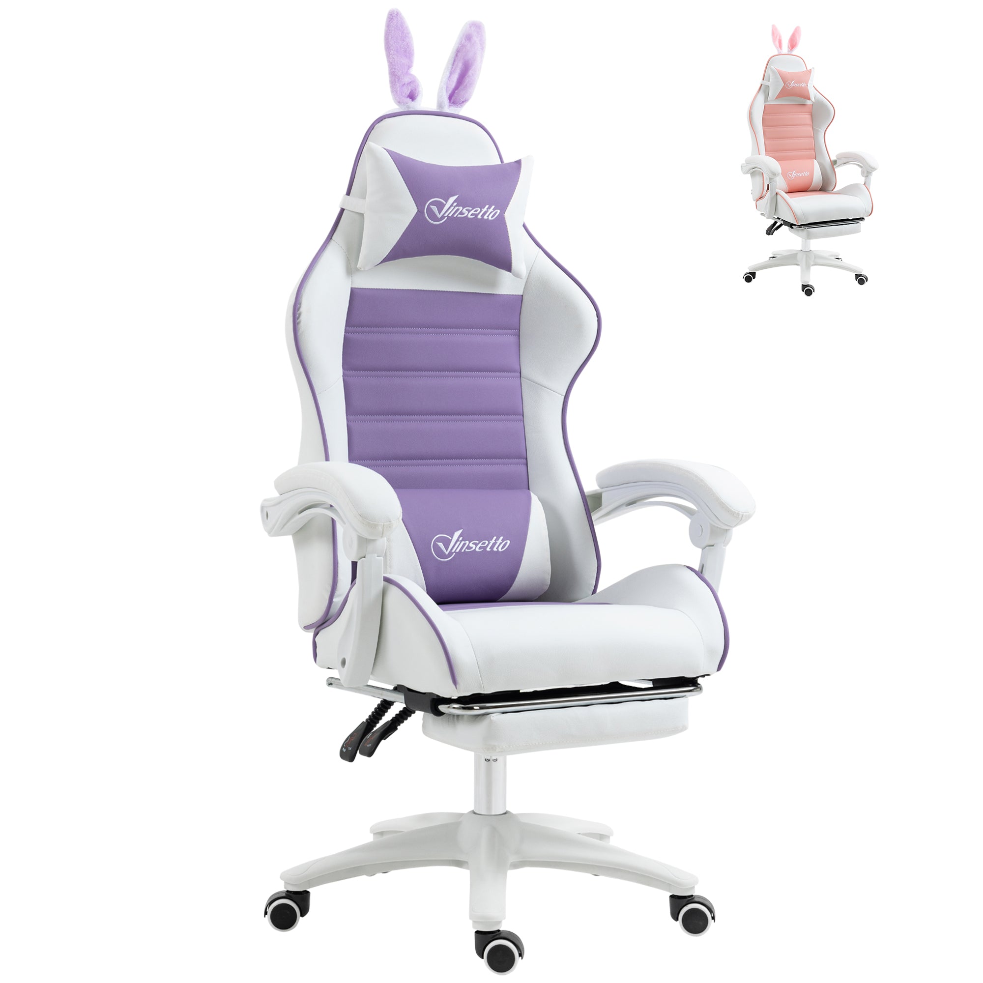 Racing Gaming Chair with Reclining PU Leather and Bunny Ears - Purple