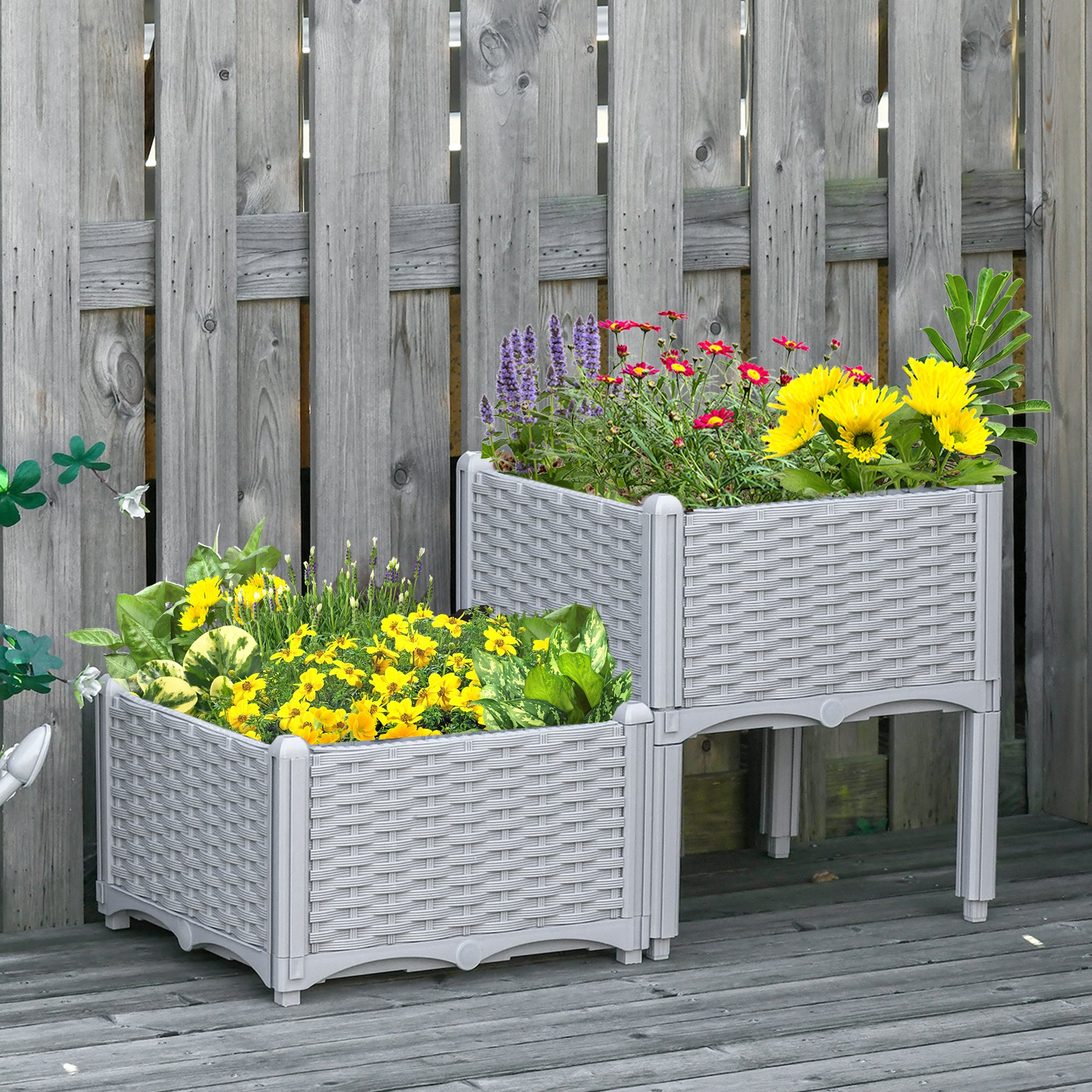 Set of 2 Self-Watering Raised Garden Planters with Rattan Effect - Grey