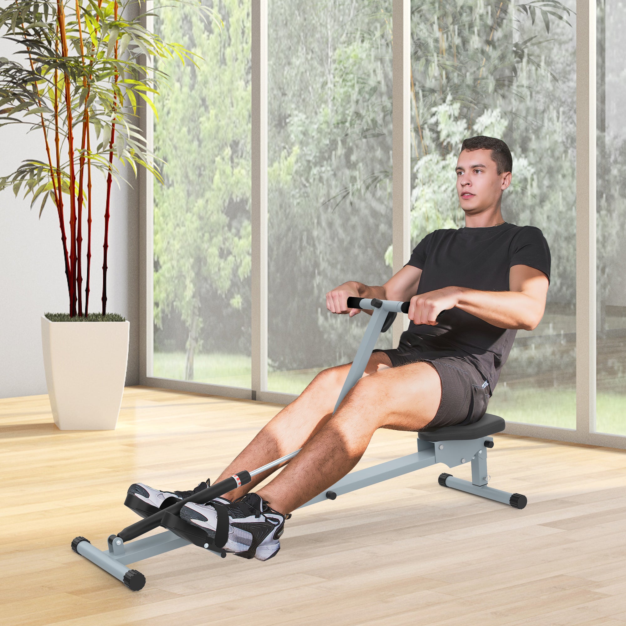 Adjustable Resistance Rowing Machine with LCD Monitor - Black