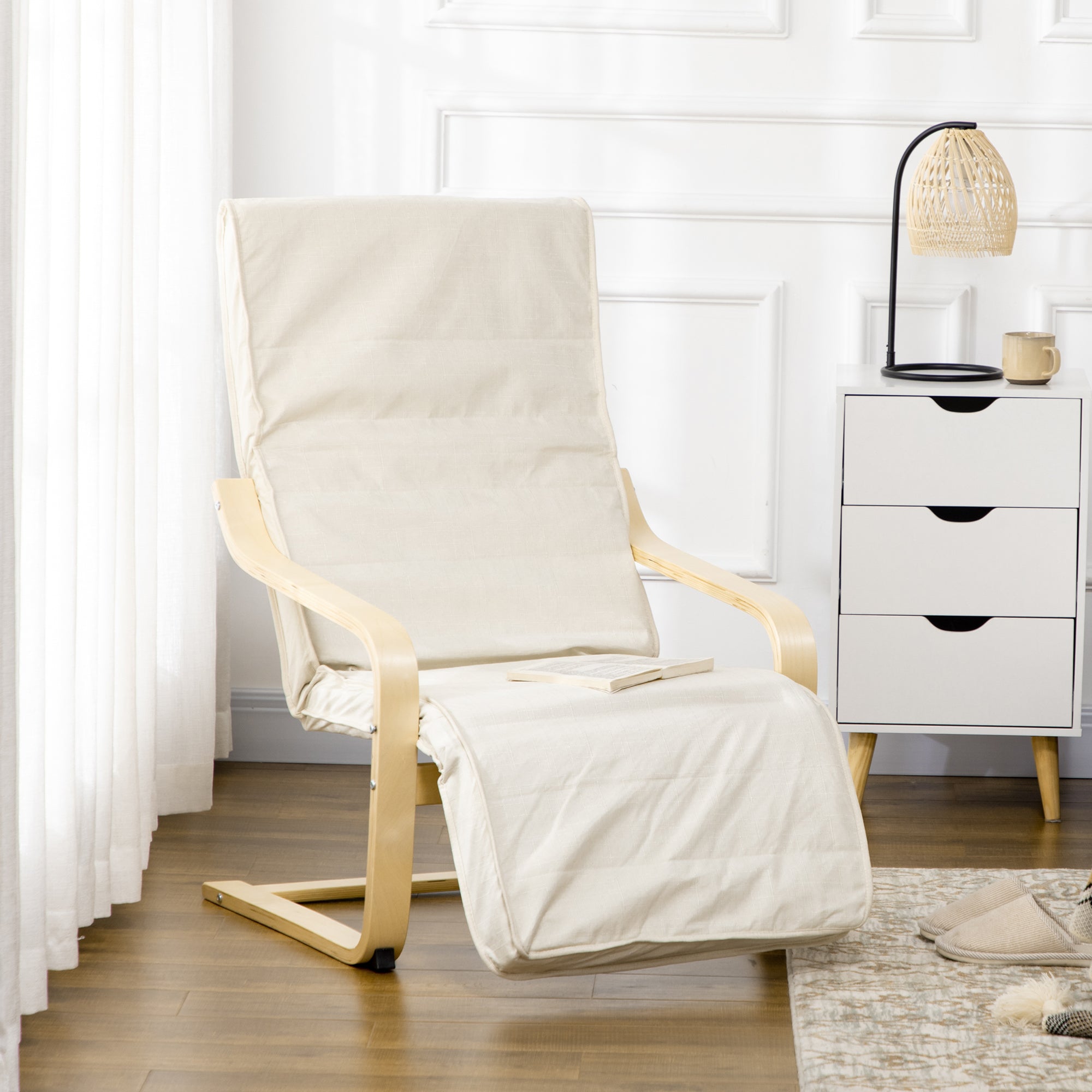 Wooden Lounging Chair with Adjustable Footrest for Ultimate Relaxation - Cream White