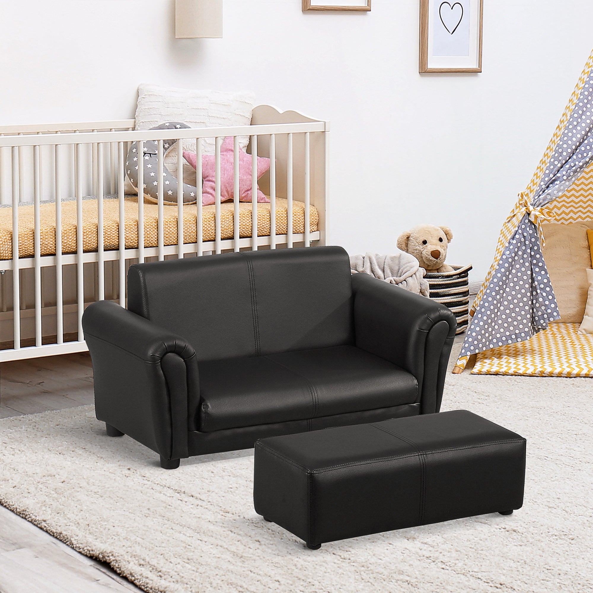 2 Piece Toddler Sofa Set with Footstool - Black Kids Armchair
