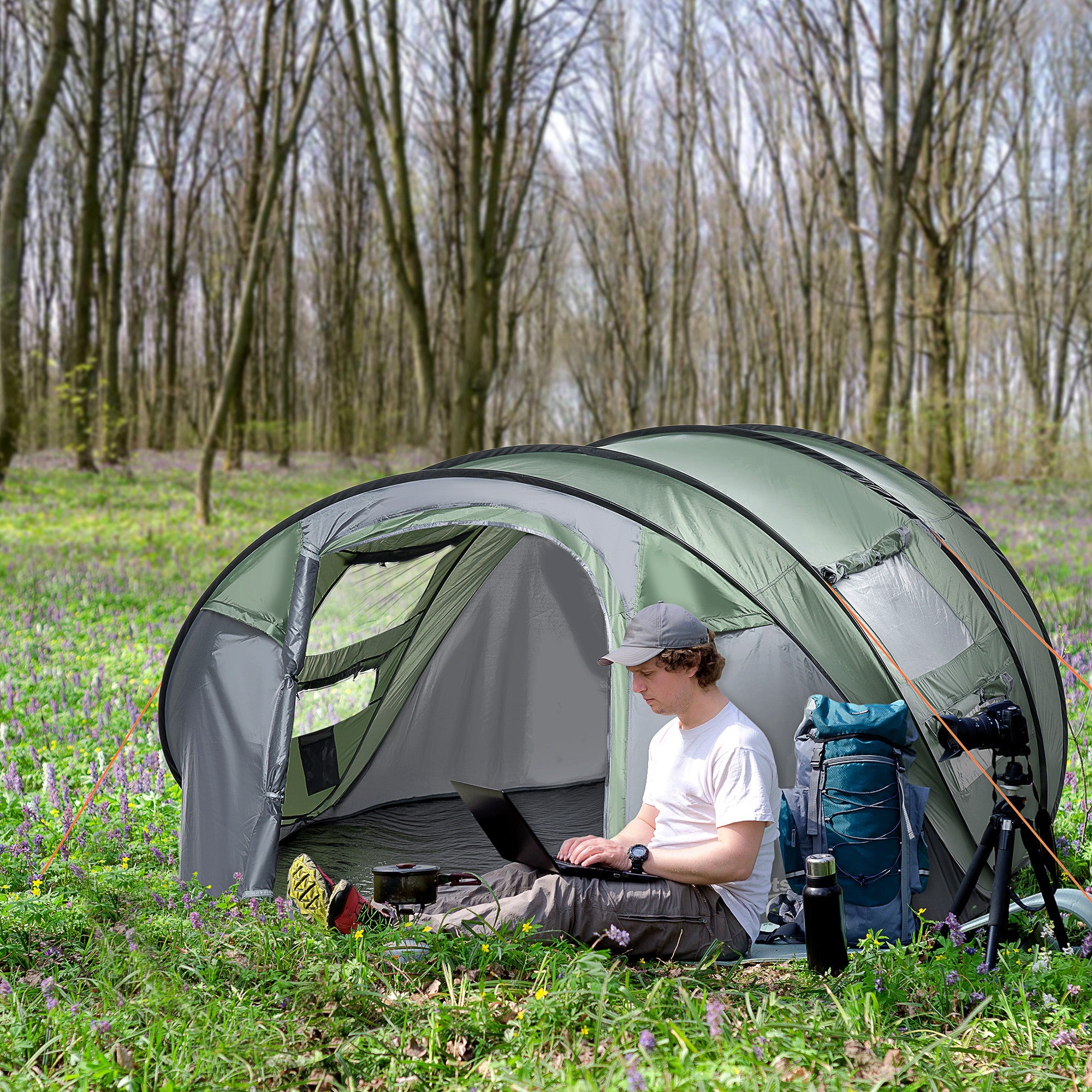 4-5 Person Pop-Up Waterproof Camping Tent with Mesh Windows - Dark Green