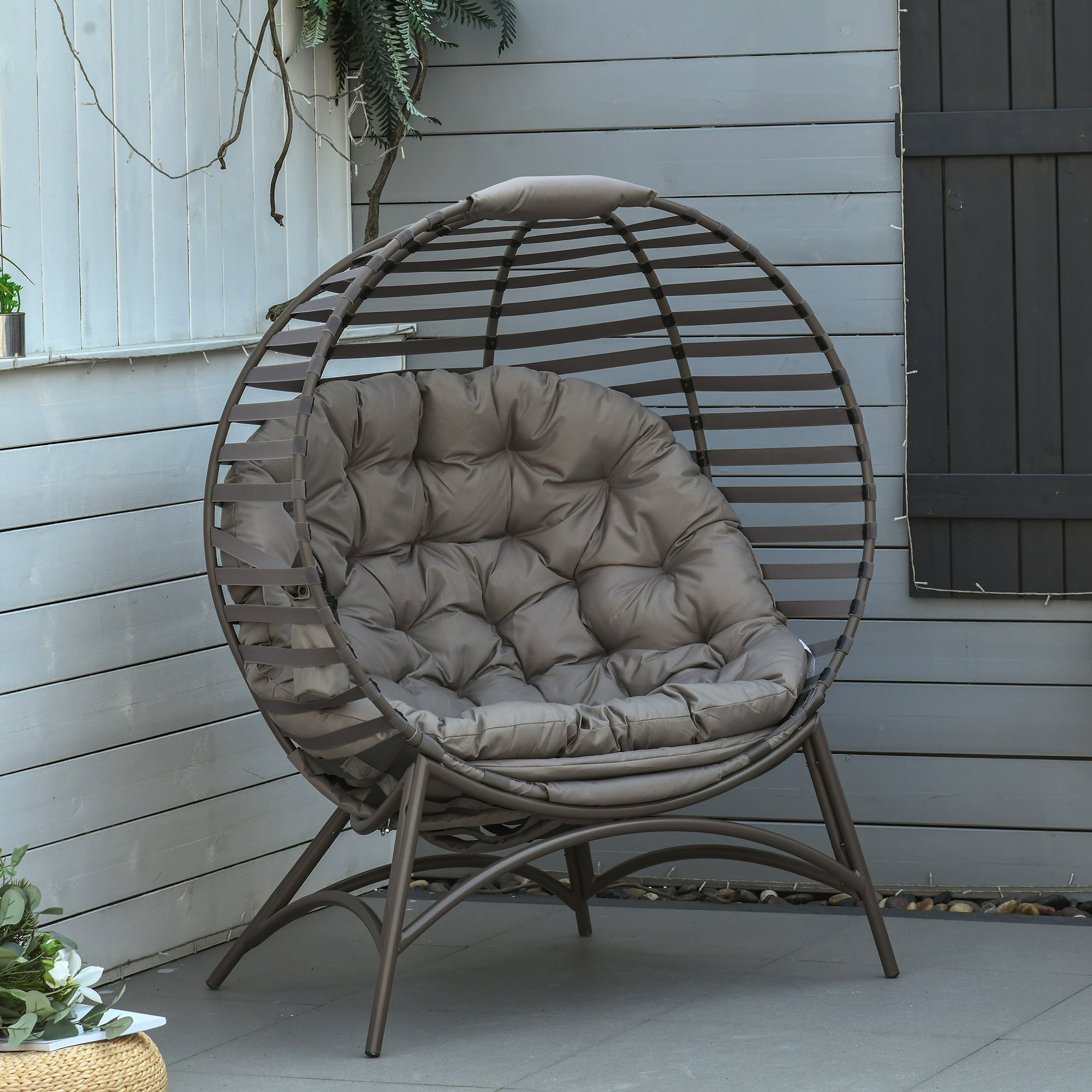 2 Seater Garden Egg Chair with Steel Frame and Cushions - Brown