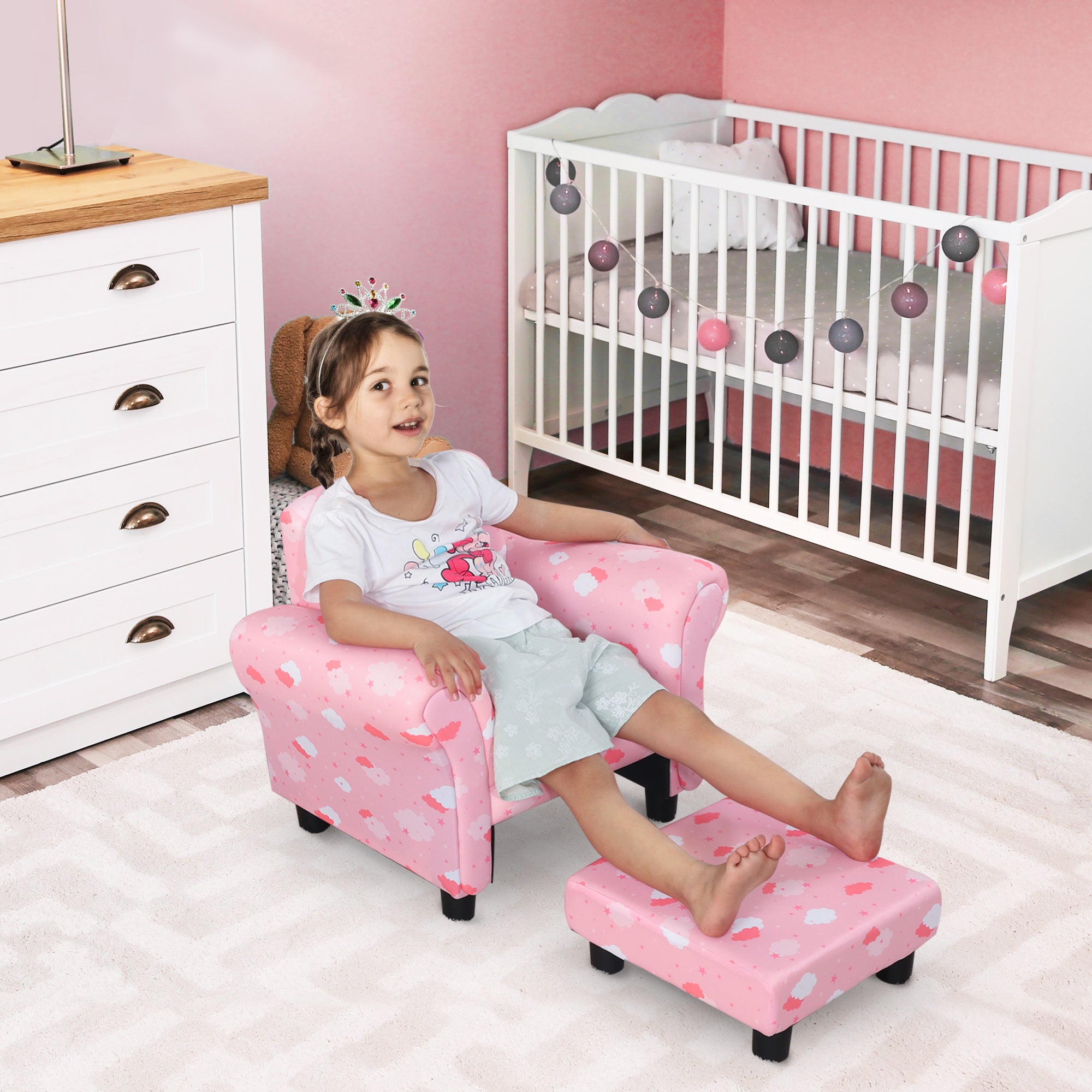 Kids Armchair with Footrest Set Solid Wood Frame Soft Foam Pink Cloud Design