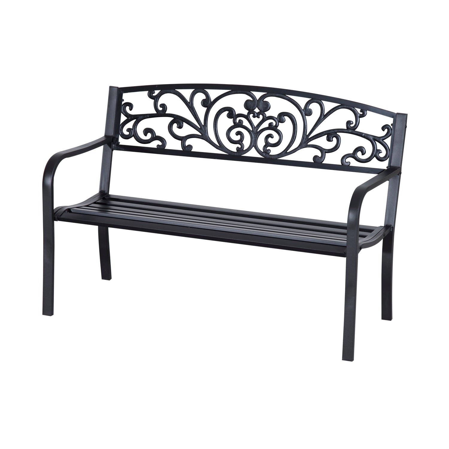 2 Seater Metal Garden Park Bench with Floral Backrest - Black