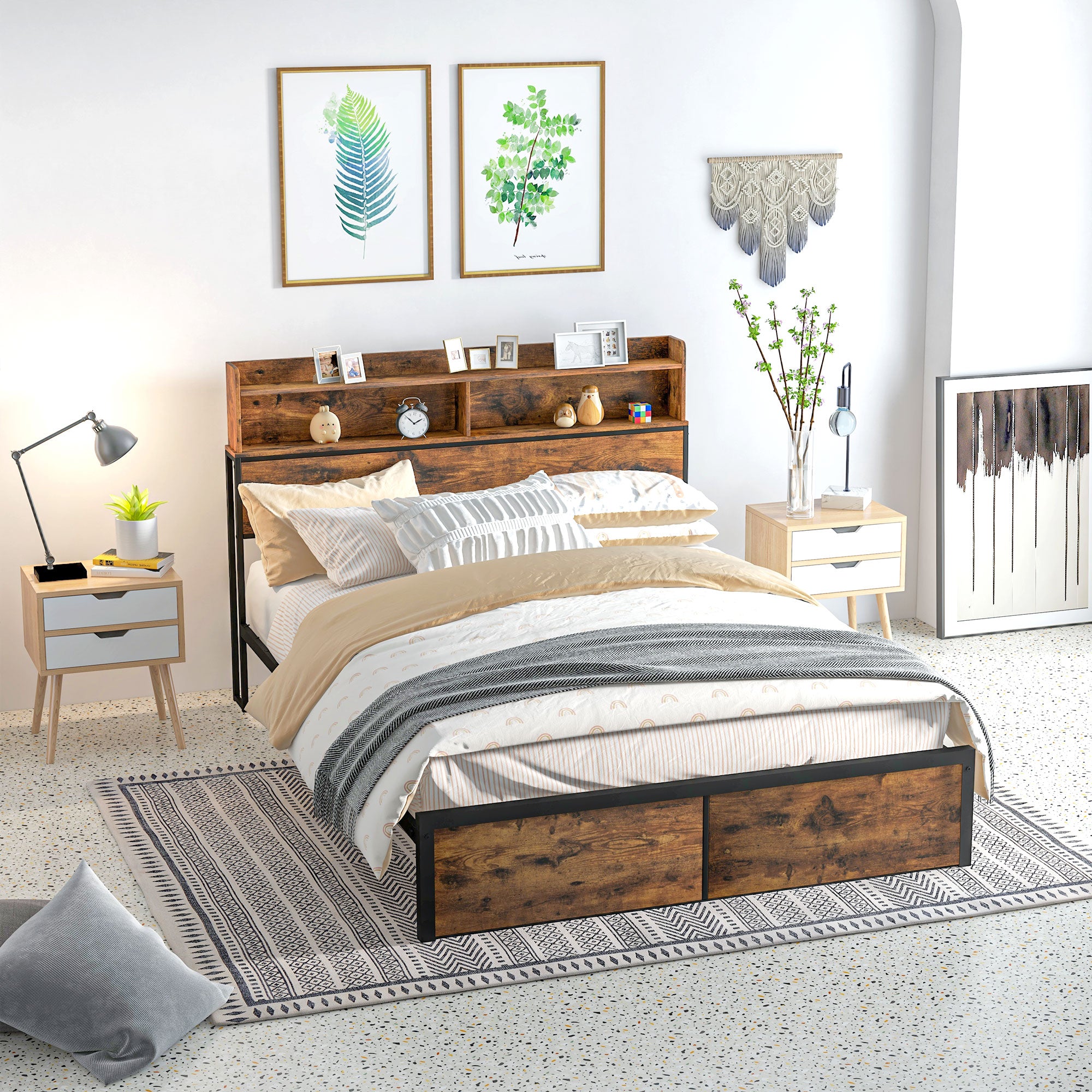 Industrial King Bed Frame with Storage Headboard and Footboard - Rustic Brown