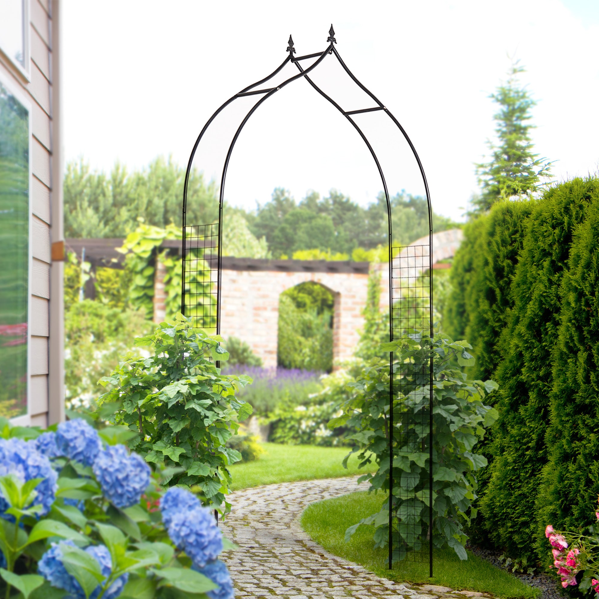 Steel Frame Metal Garden Outdoor Arbor with Trellis Arch for Plants - Black