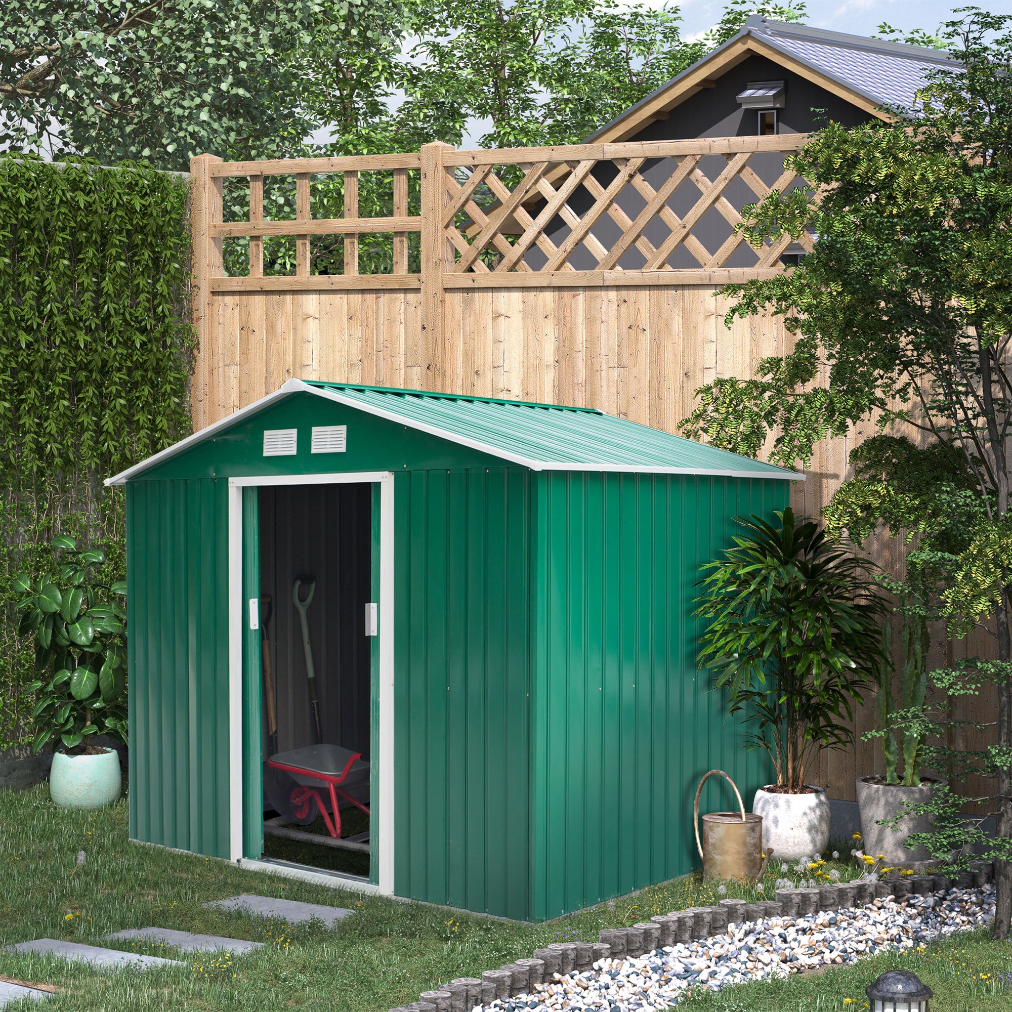 Large Lockable Metal Garden Shed 9x6 Feet - Weatherproof Green