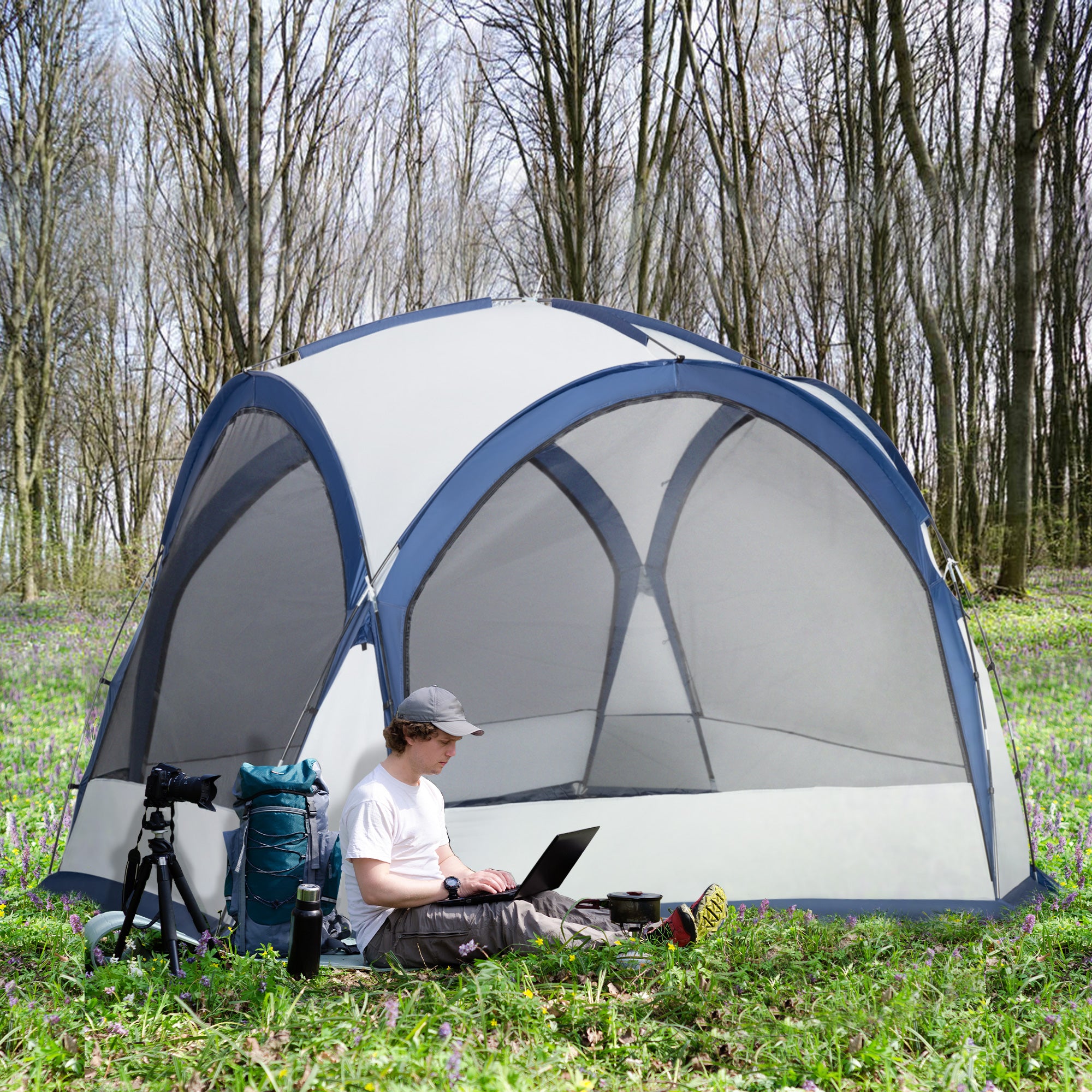 6-8 Person Dome Camping Tent with Mesh Doors and Carry Bag - White Blue