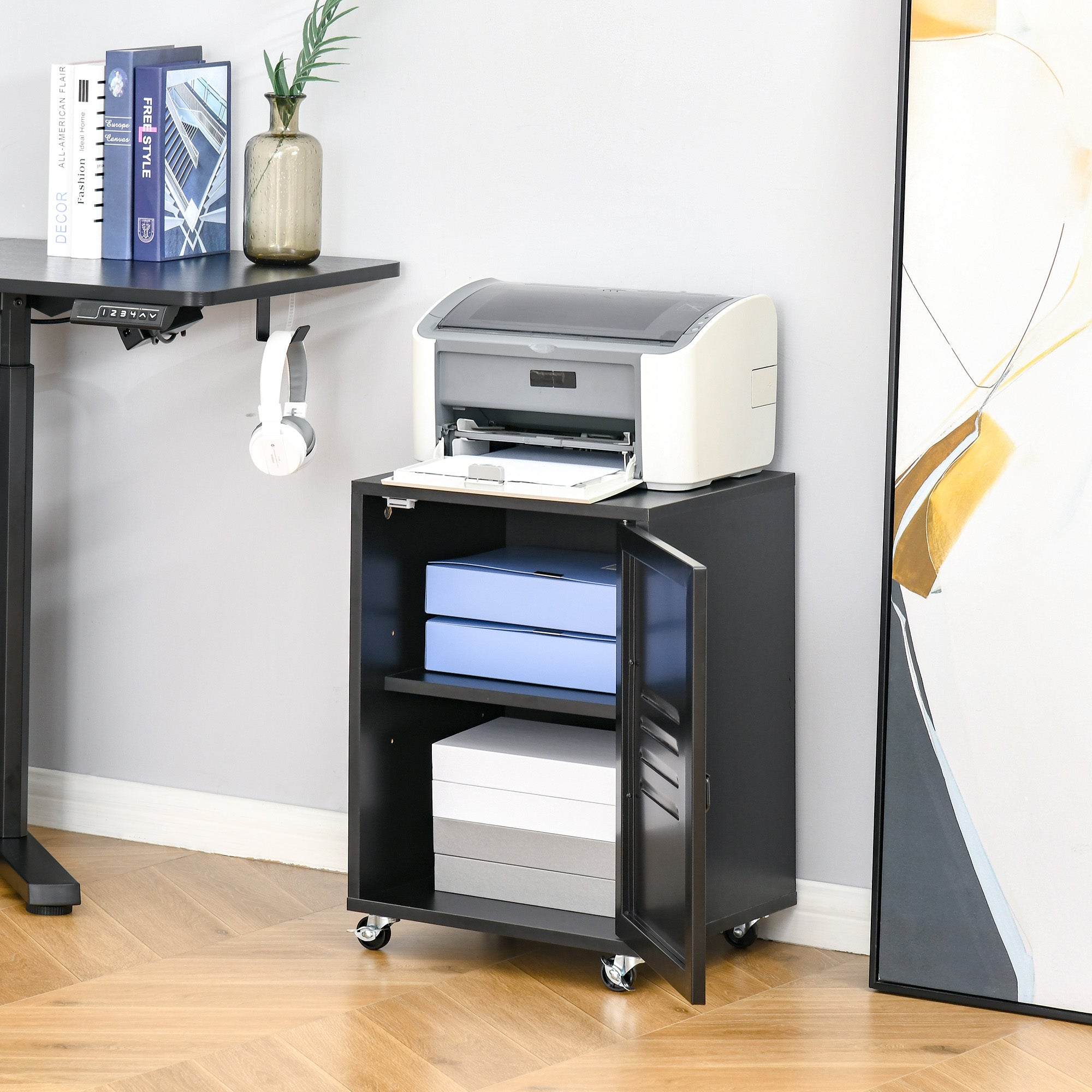 Industrial Rolling Bedside Table with Adjustable Shelf and Metal Door - Black