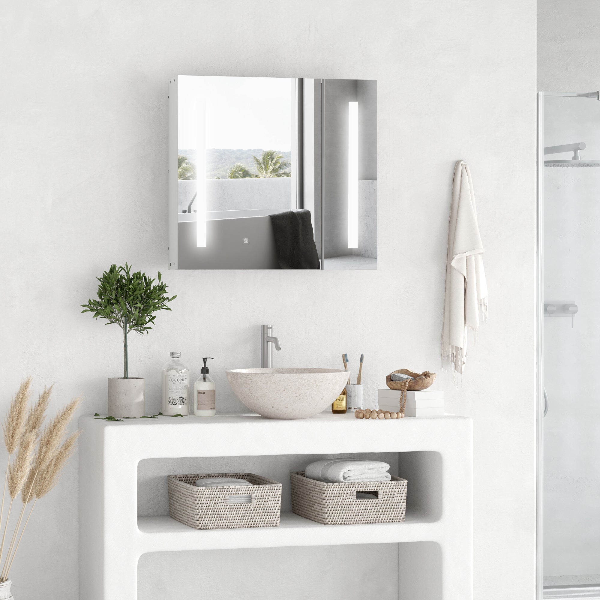 Illuminated Bathroom Mirror Cabinet with Adjustable Shelf & USB Charging - White