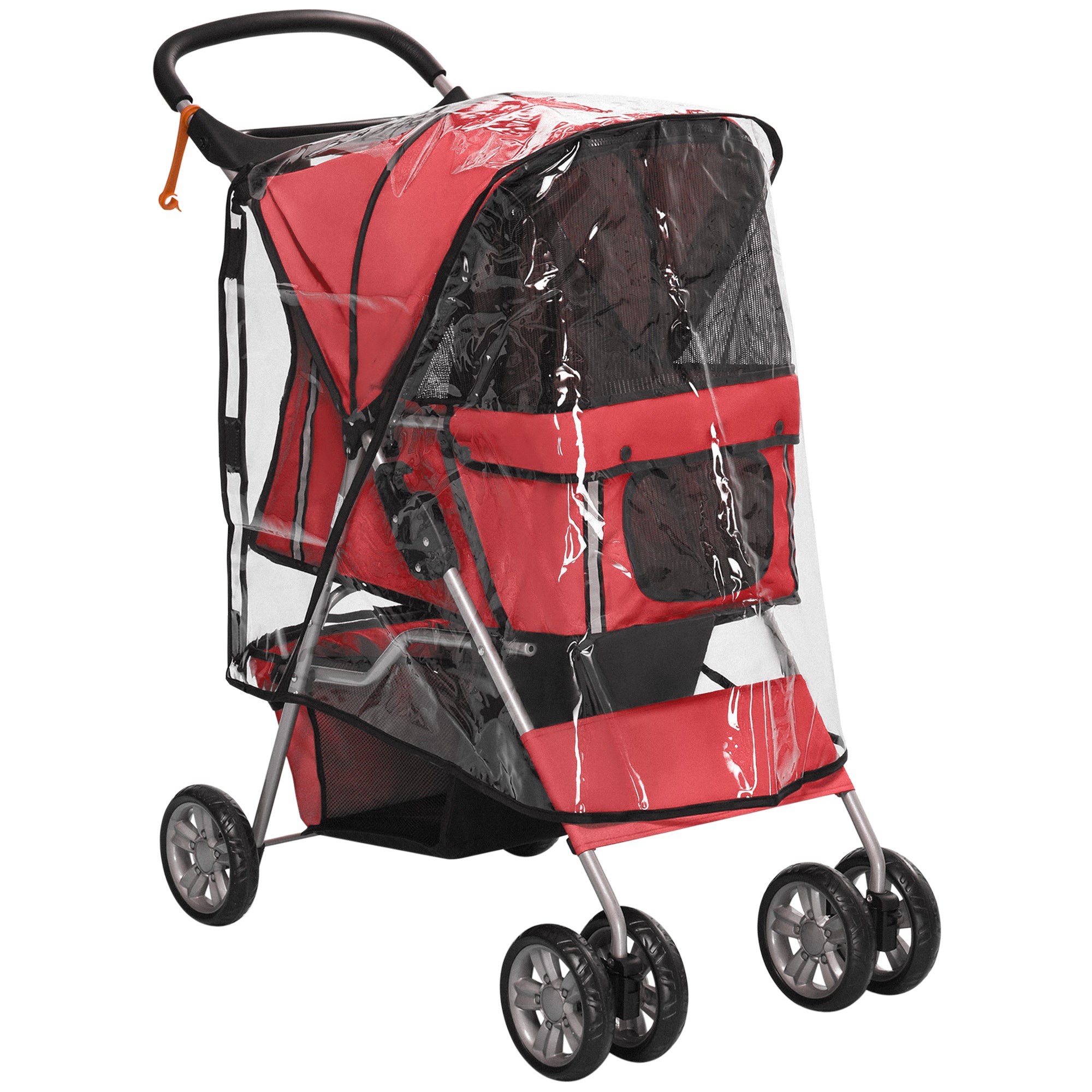 Folding Dog Stroller for Small Miniature Dogs with Rain Cover, Cup Holder & Storage Basket - Red