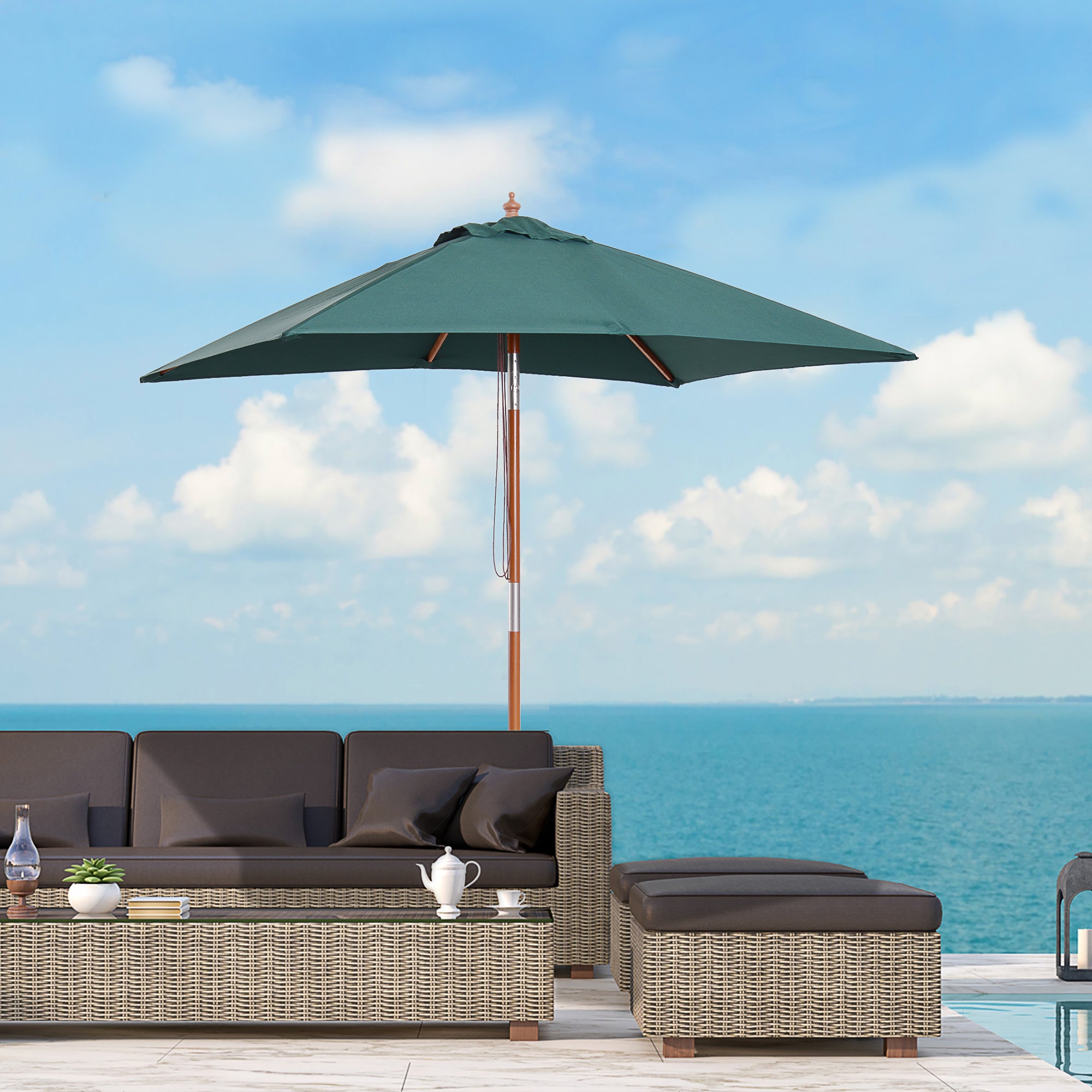 6 Ribs 2m Square Garden Patio Umbrella with Wood Bamboo Frame - Brown Green