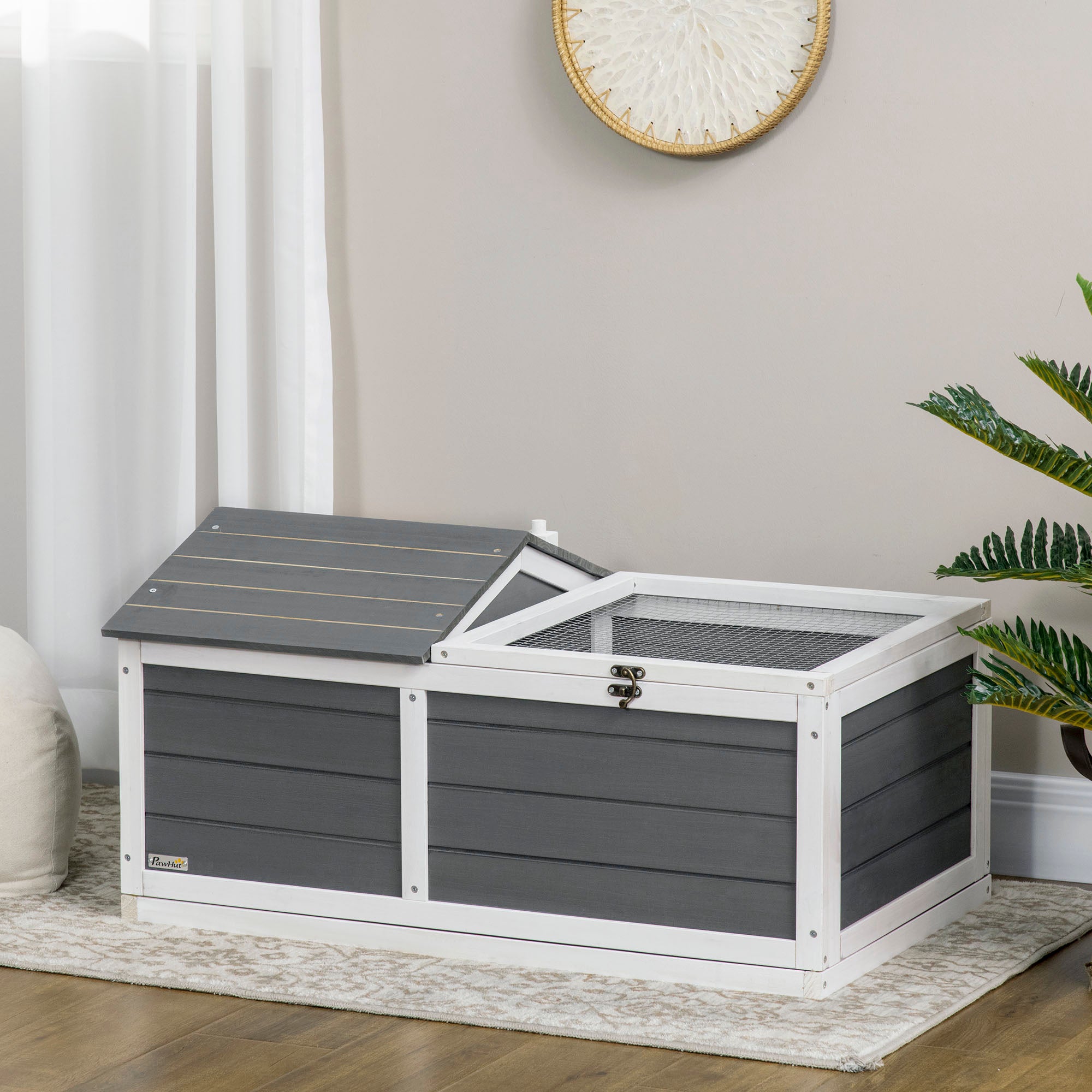 Wooden Small Tortoise House with Hide Shelter, Run & Openable Top Tray - Grey and White