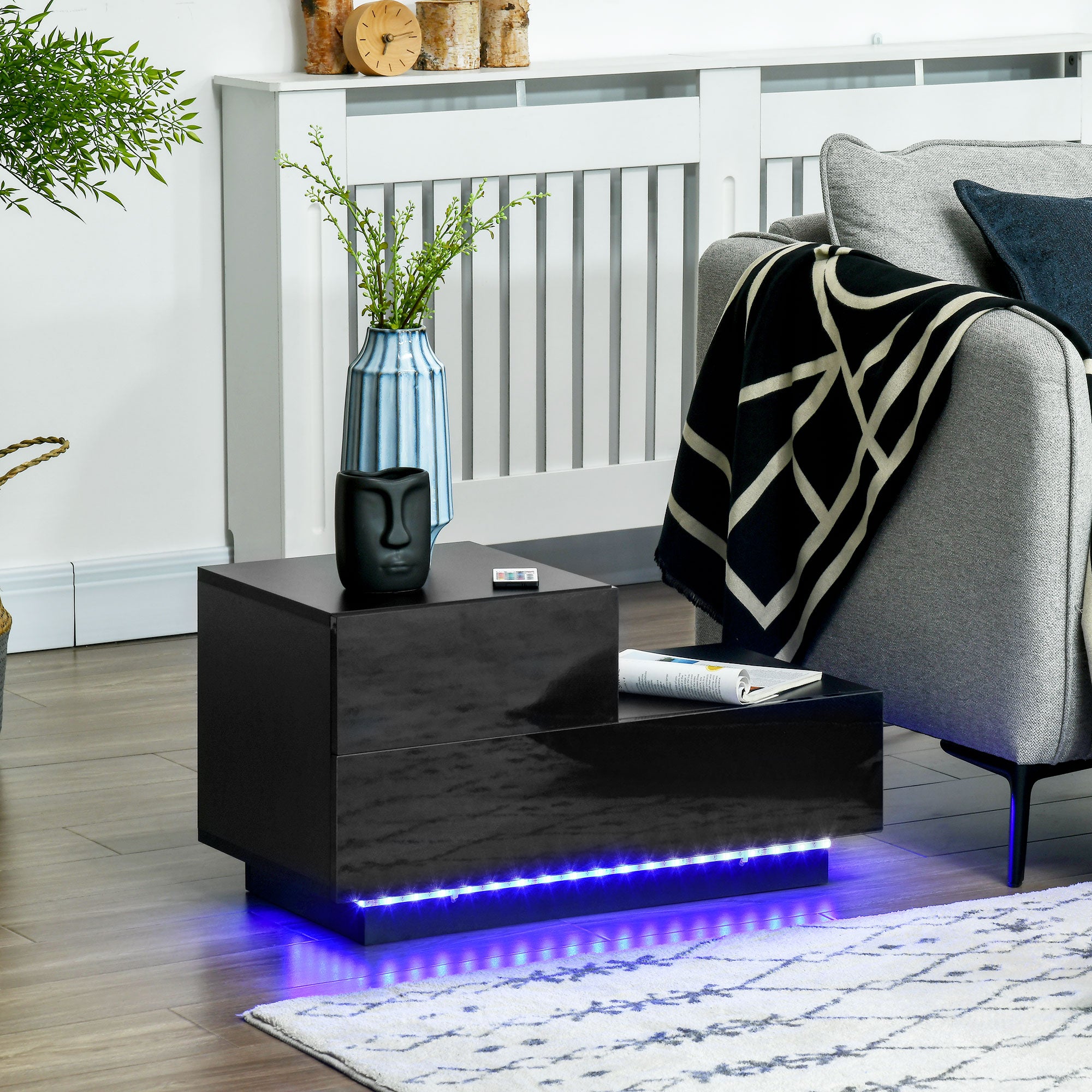 High Gloss Nightstand with RGB LED and Two Drawers - Black