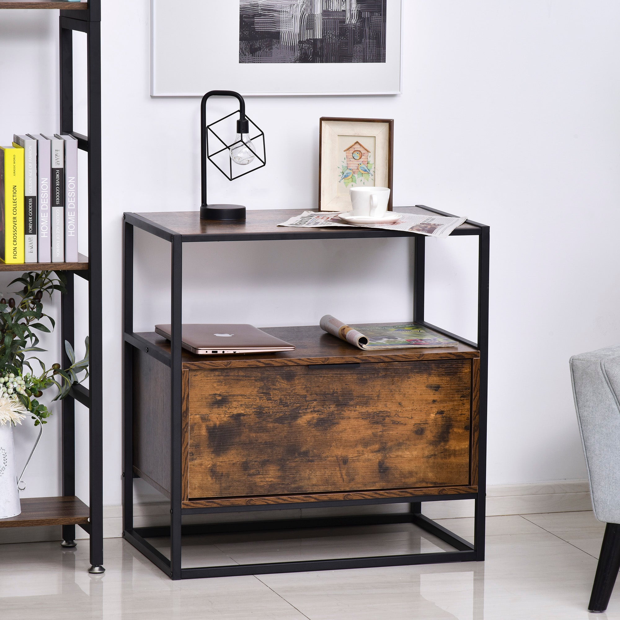 Industrial-Style Side Table with Drawer and Open Shelf Large Base Steel Frame - Black and Brown