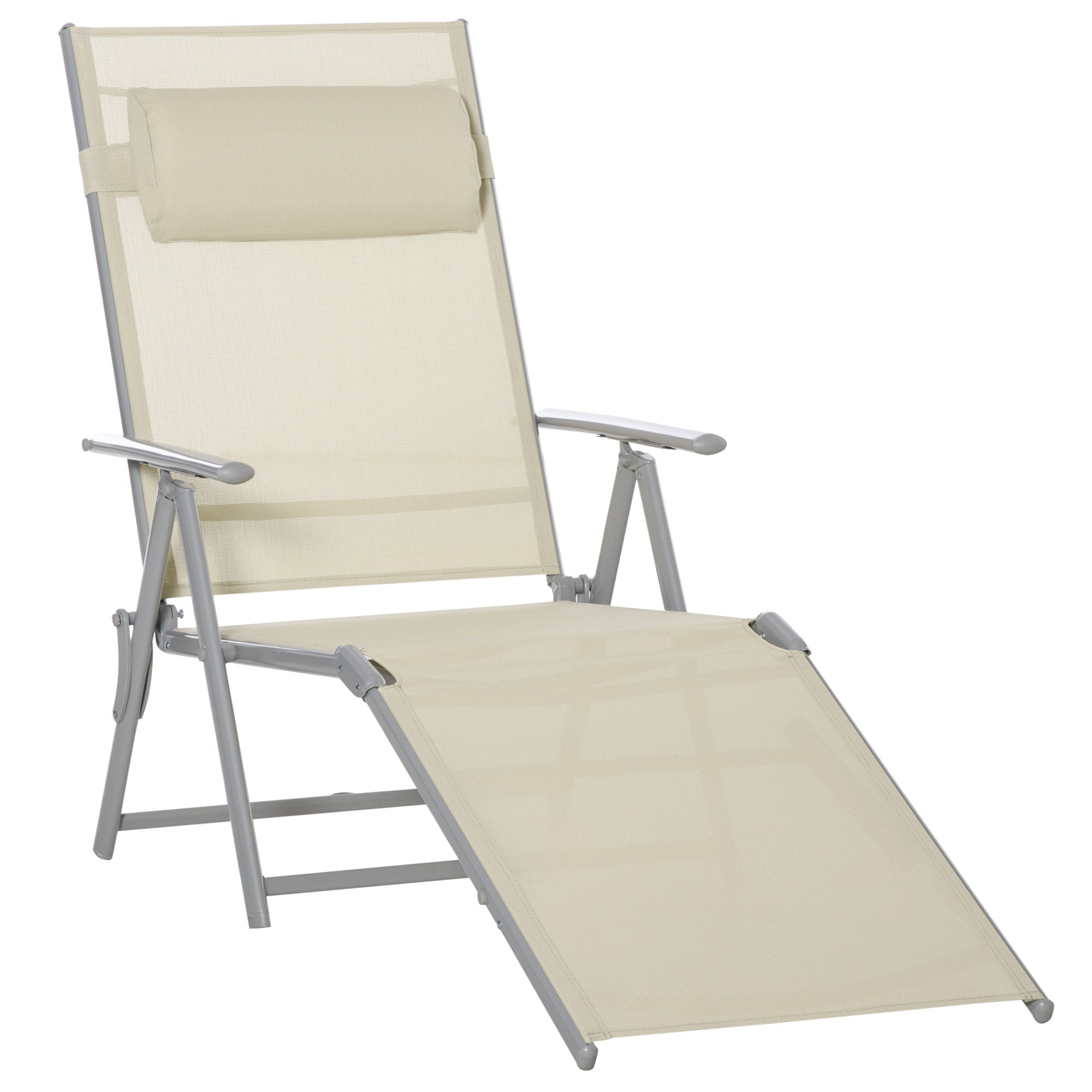 Outdoor Folding Chaise Lounge Chair Recliner with 7 Adjustable Positions Beige Steel Fabric