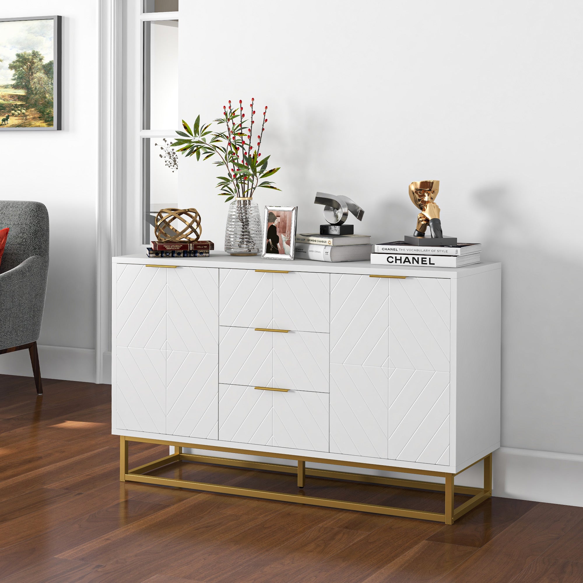 Modern Freestanding Storage Cabinet with 3 Drawers for Dining & Living Room - White