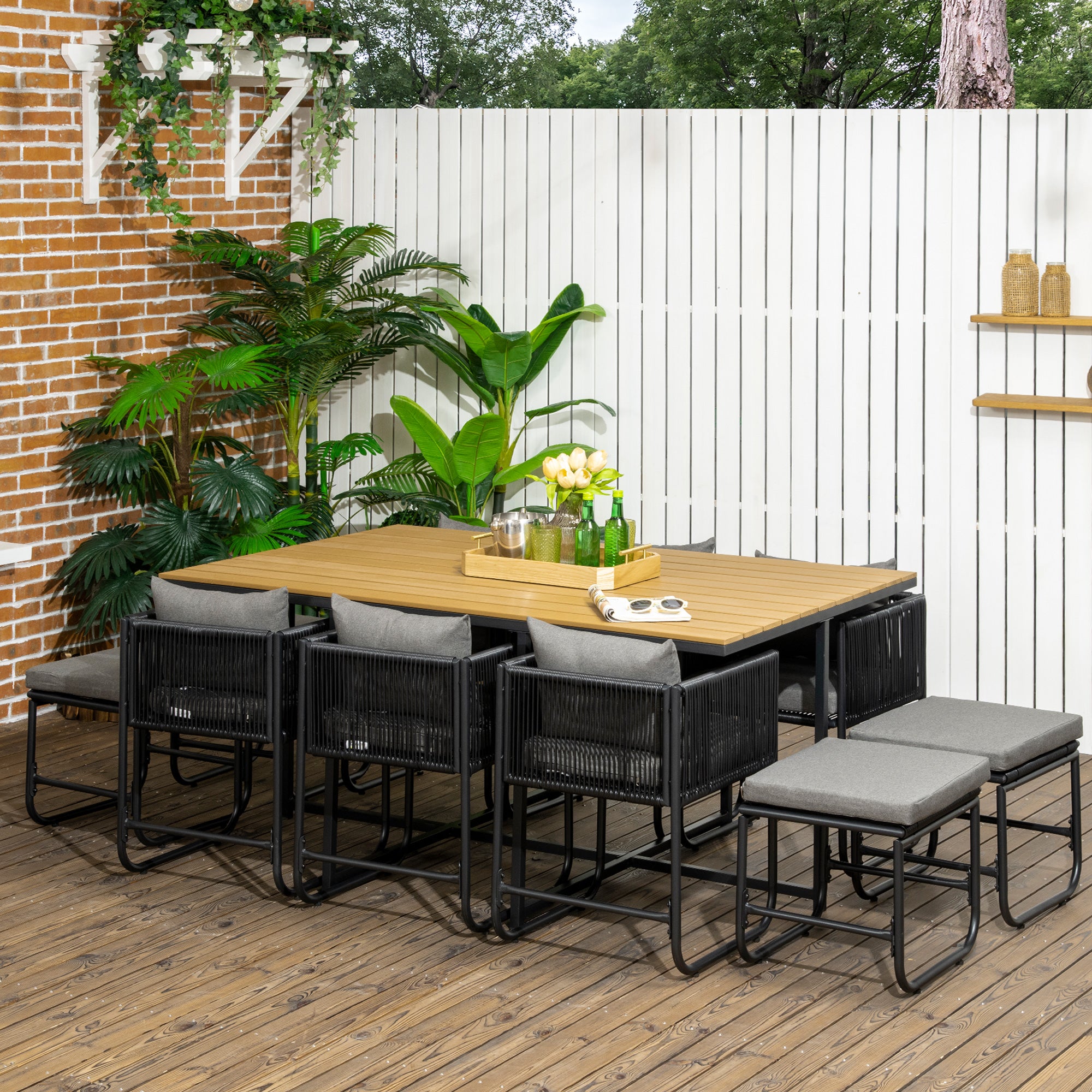 Patio 11-Piece PE Rattan Round Dining Set with Wood Grain Table Top 10-Seater - Black