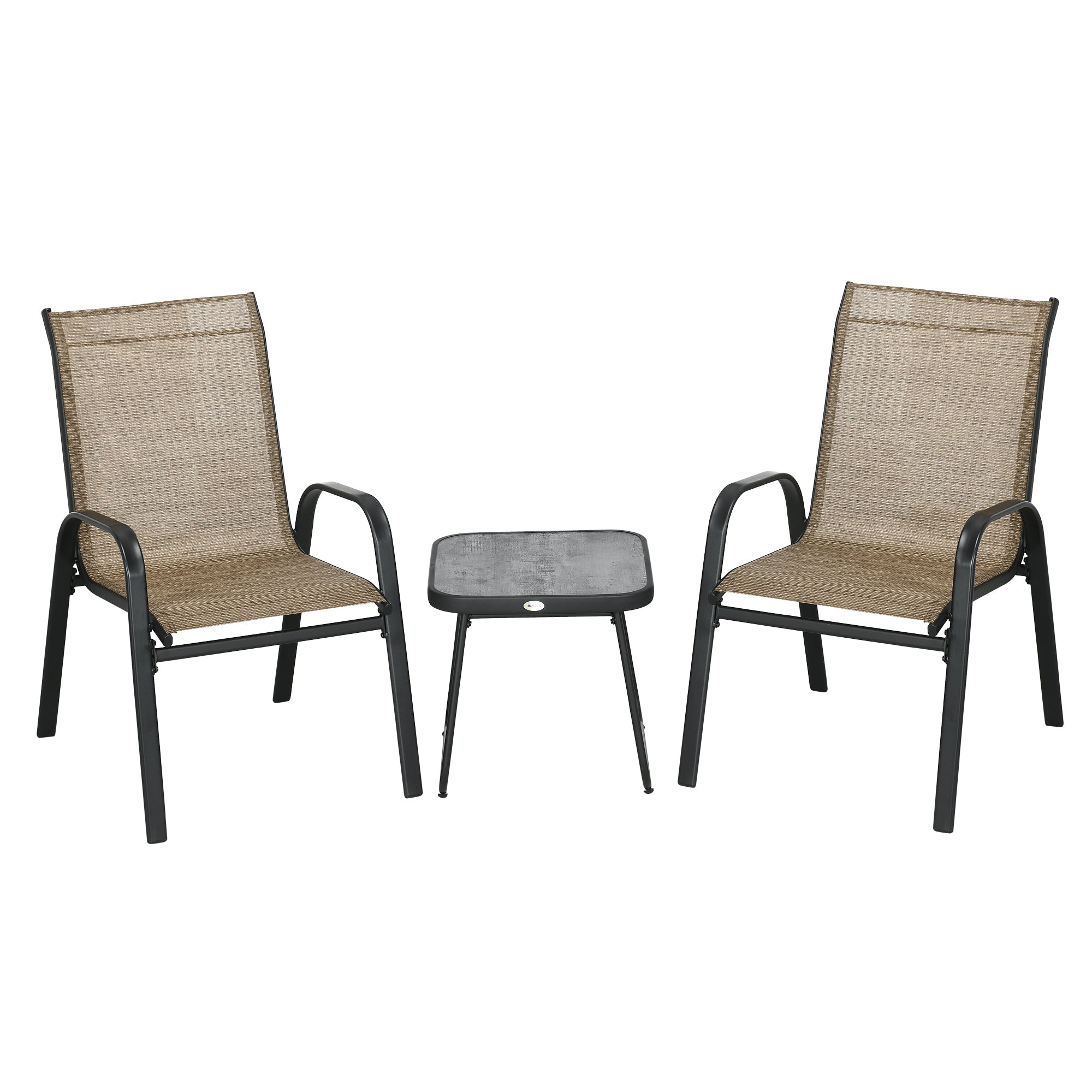 3 Piece Outdoor Bistro Set with Stackable Steel Armchairs - Brown