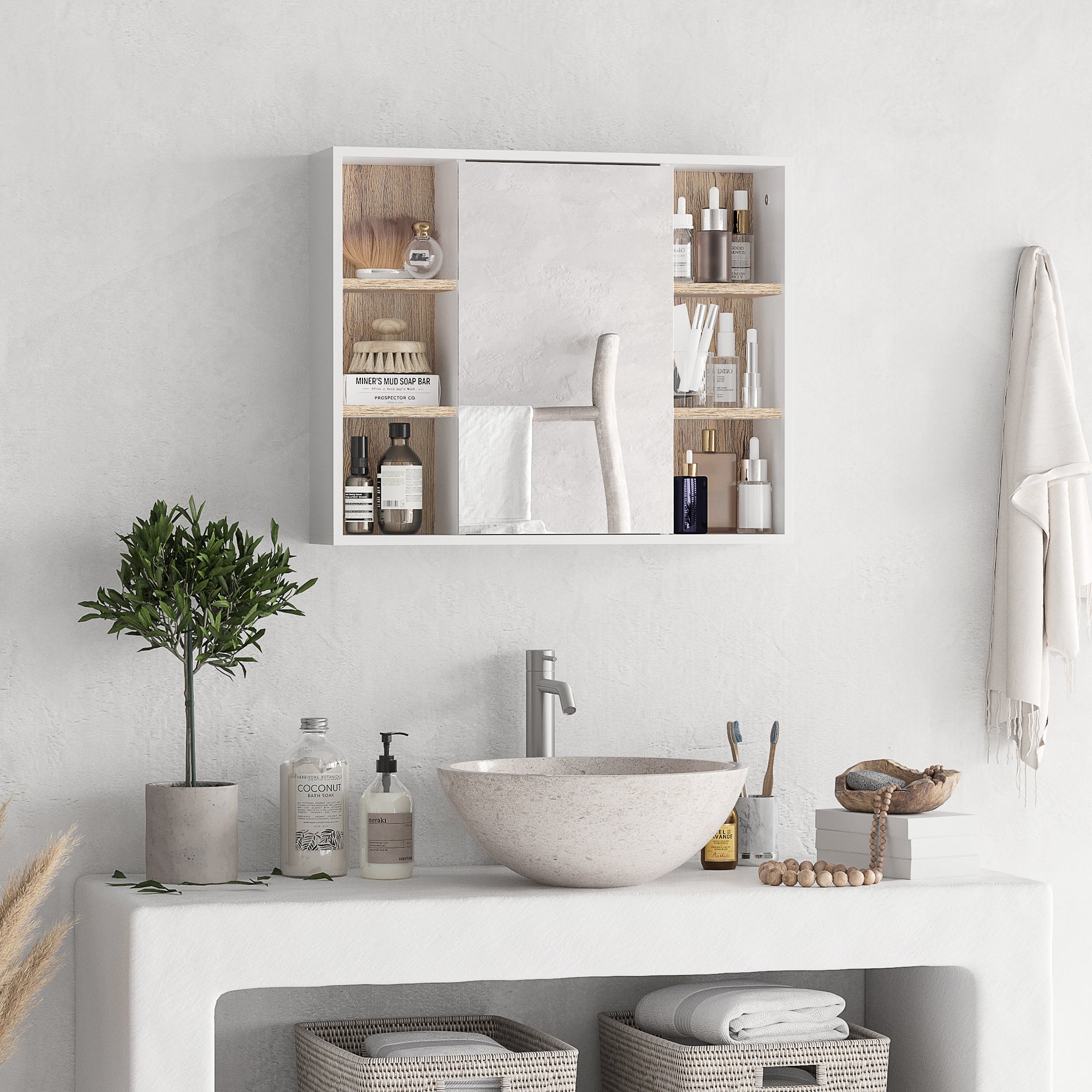 Wall Mounted Bathroom Mirror Cabinet with Adjustable Shelves - White