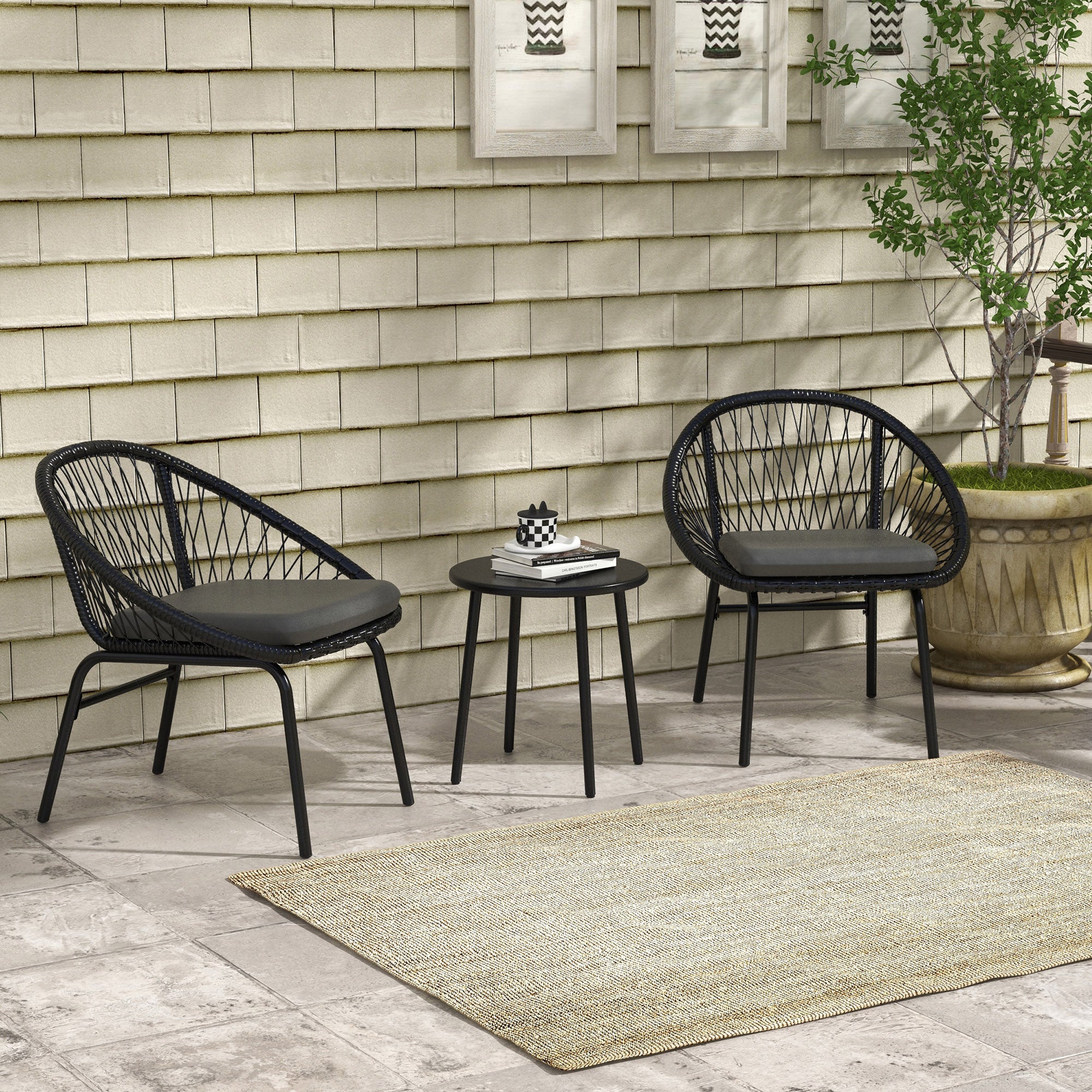 3 Piece Rattan Garden Furniture Set with Cushions - Black