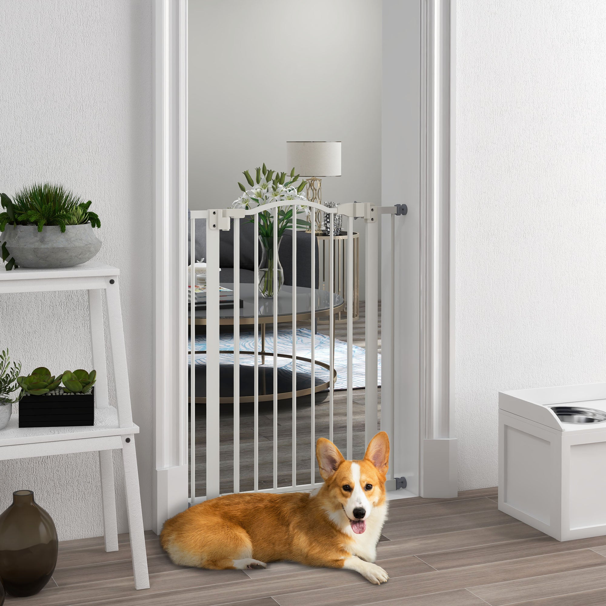 Metal Pet Safety Folding Dog Gate Adjustable Width - White
