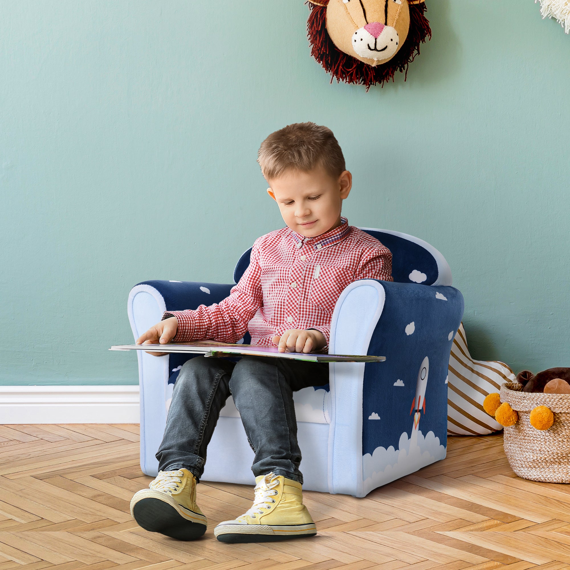 Children's Armchair with Rocket Design and Solid Wood Frame - Blue